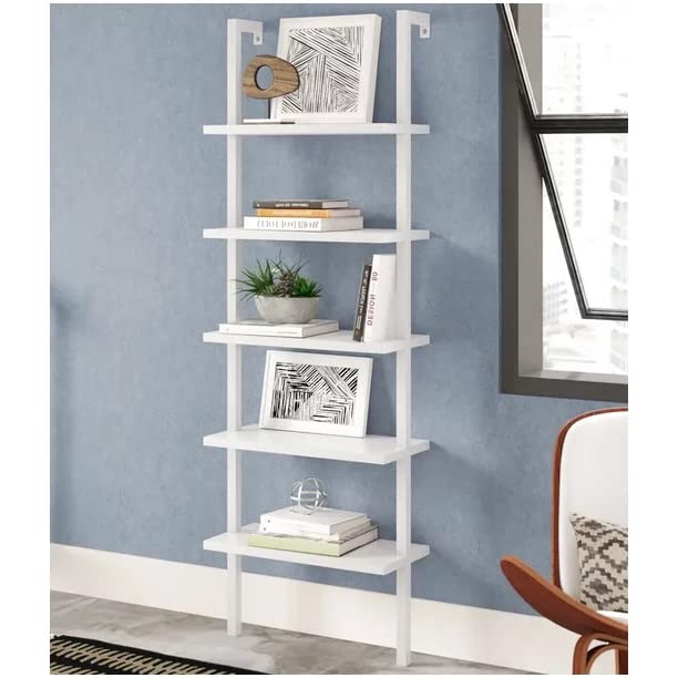 5-Tier Wall Mounted Ladder Shelf - White Metal Frame Bookcase with Open Design for Living Room, Bedroom, Office & Home Decor - 23.62
