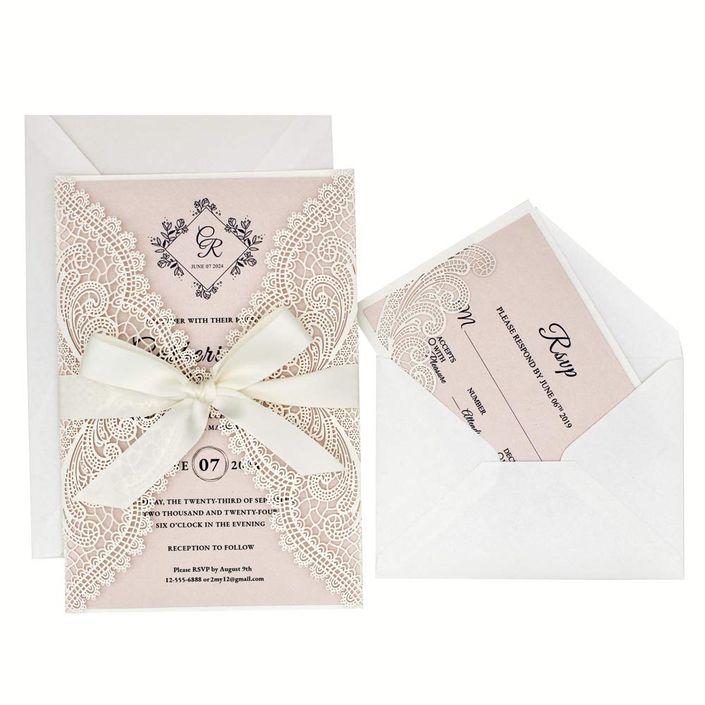 25-Pack White Lace Laser Cut Wedding Invitations with RSVP Cards - Elegant Blush Pink Shimmer Stationery for Weddings, Sweet 16 Parties, Bridal Showers & Birthday Celebrations - Perfect for Formal Events & Special Occasions