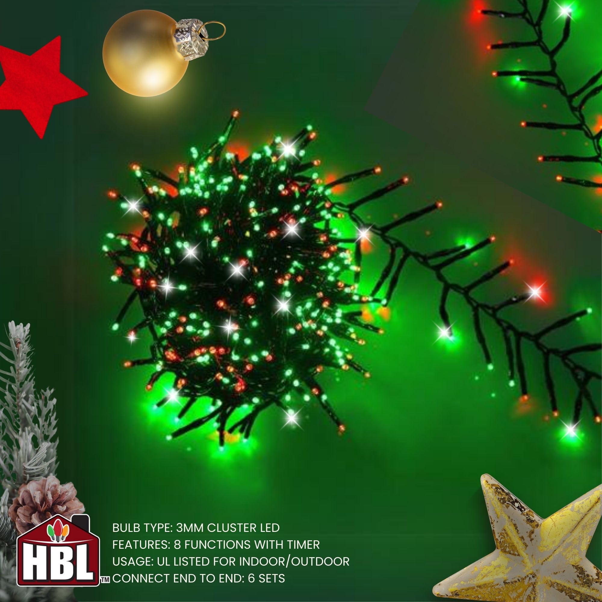 Holiday Bright Lights Indoor/Outdoor 12.3' 500L Twinkling Cluster Rice Lights Connectable - Red & Green | Perfect for Christmas Tree Decorations, Party Lighting, and Outdoor Garden Decor