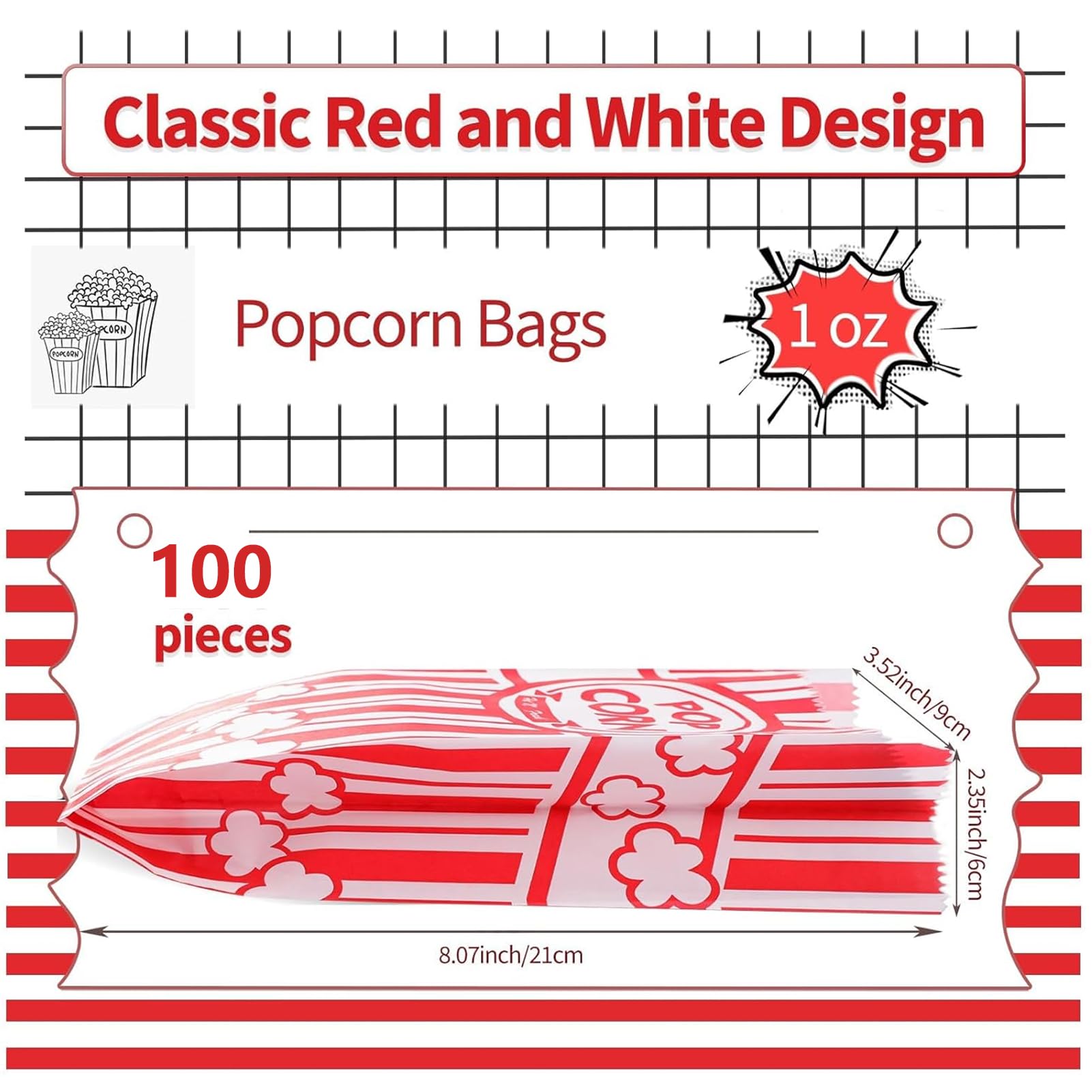 VOISEN 100 Pack 1oz Disposable Popcorn Bags - Bulk Individual Serving Bags for Popcorn Machines, Movie Theater Nights, Birthday Parties & Carnivals - Perfect for Home, School & Events