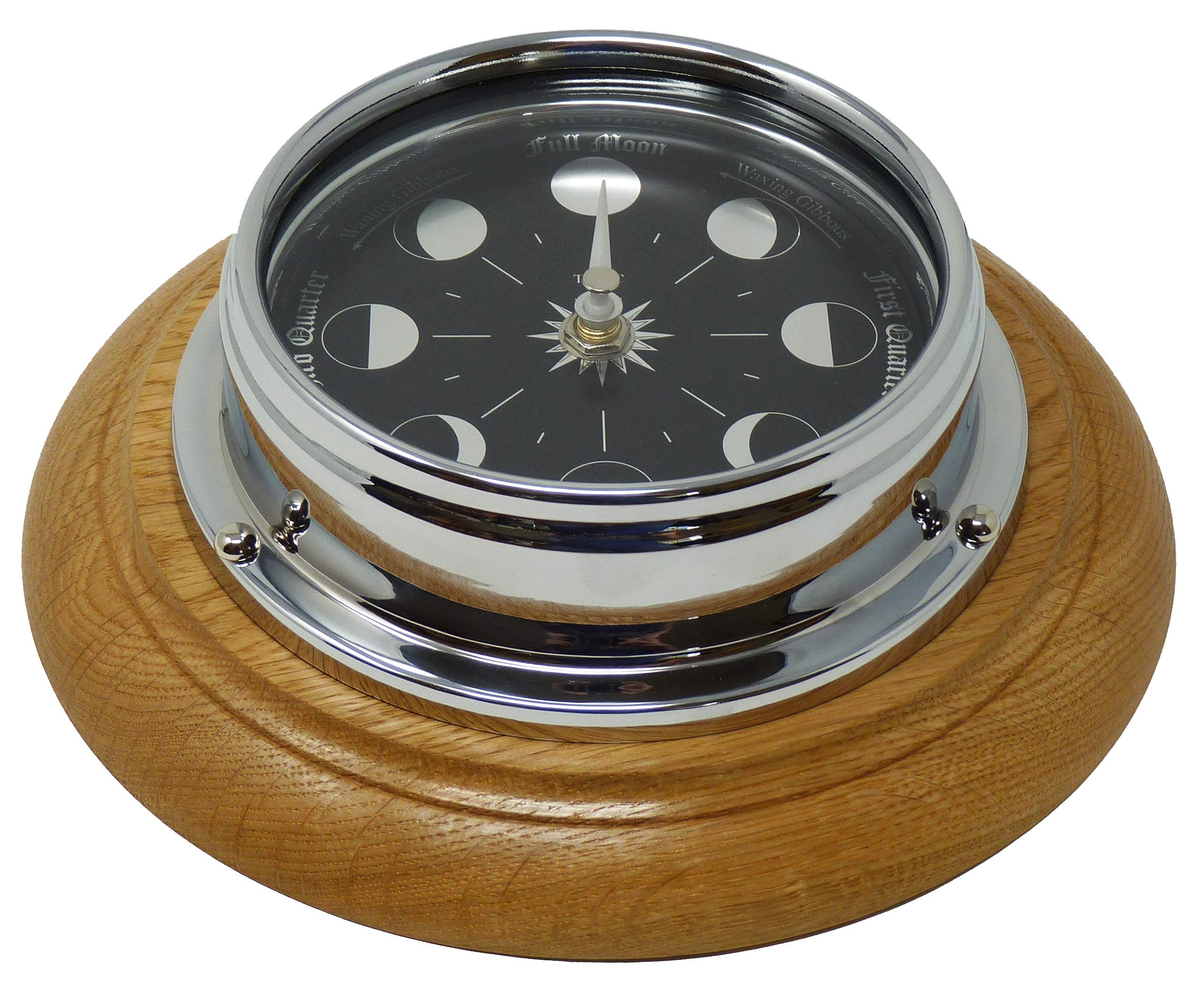 Prestige Chrome Moon Phase Wall Clock - Handcrafted English Oak Frame - Elegant Home & Office Decor for Living Room, Bedroom, Study