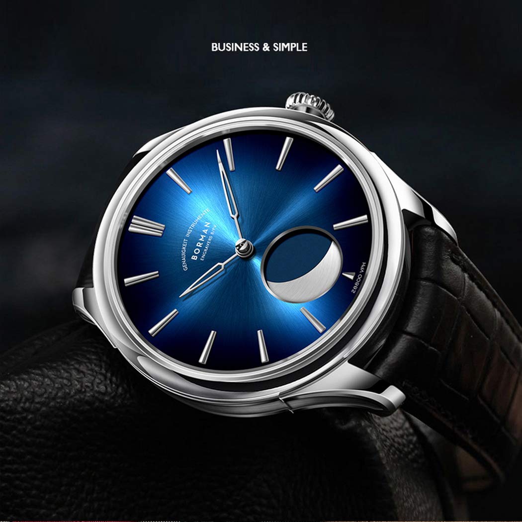 BORMAN Moonphase Automatic Watch for Men - Luxury Self-Winding Mechanical Wristwatch with Sapphire Crystal & Leather Strap, Waterproof Dress Watch for Business, Formal Occasions and Gift Giving
