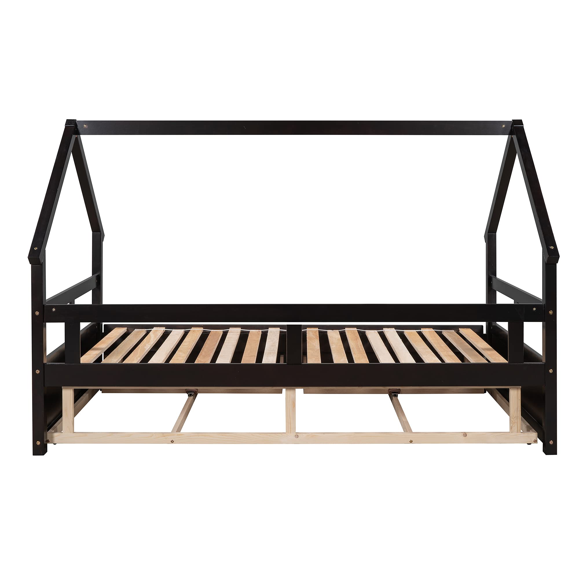 Wooden Daybed with Trundle & 2 Storage Drawers - Twin to King Size Convertible House Bed for Kids & Teens, No Box Spring Needed (Espresso) - Perfect for Guest Rooms, Dormitories & Small Spaces