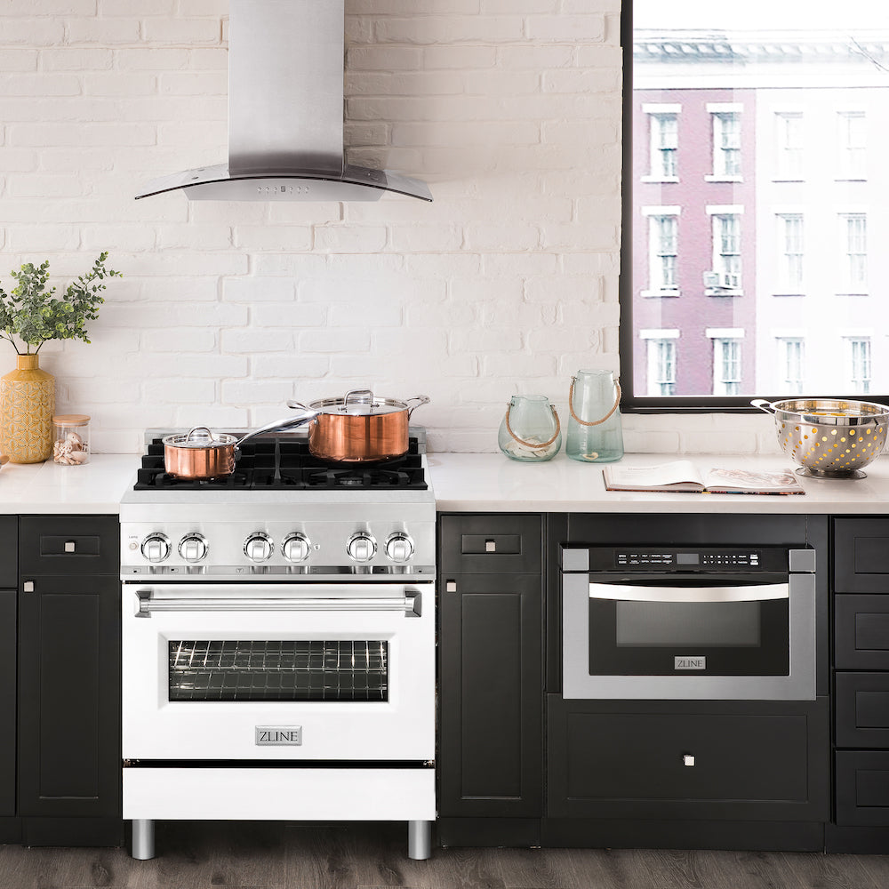 ZLINE 30 Inch 4.0 cu ft Dual Fuel Range - Stainless Steel Gas Cooktop with 4 Burners & Electric Convection Oven - White Matte Door (RA WM 30) for Modern Kitchen & Professional Cooking