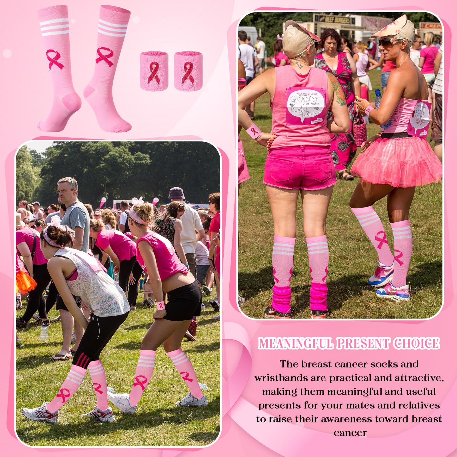 Pink Ribbon Socks & Wristbands Set for Breast Cancer Awareness - Unisex Knee-High Athletic Socks for Women & Men - Perfect for Running, Workouts & Charity Events