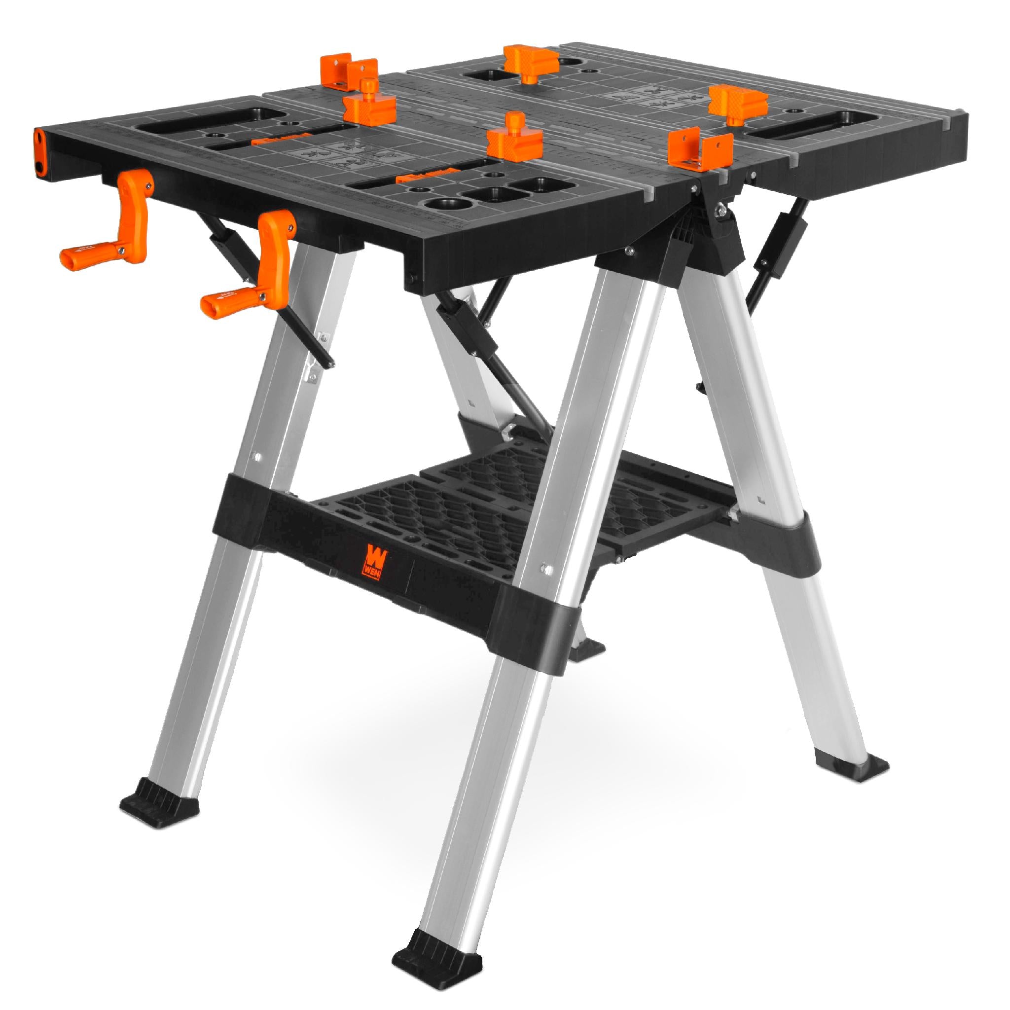 WEN WB3225 2-in-1 Folding Work Table & Sawhorse - 440 lbs Capacity with Onboard Clamps & Clamp Dogs - Perfect for Woodworking, DIY Projects & Jobsite Support