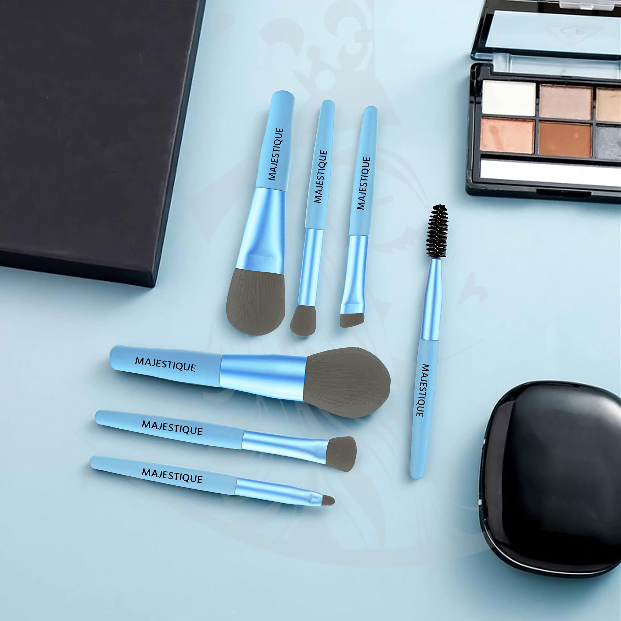 Majestique 8Pcs Professional Makeup Brush Set - Face Powder, Concealer, Eyeshadow, Eyebrow & Lip Brushes - Blue Cosmetic Beauty Tools for Everyday Makeup & Professional Use