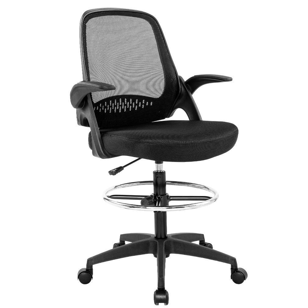 Ergonomic Mesh Drafting Chair with Adjustable Height, Lumbar Support & Flip-Up Arms - Swivel Rolling Office Chair for Tall Desks | Perfect for Home Office, Computer Work & Executive Workspaces - Black