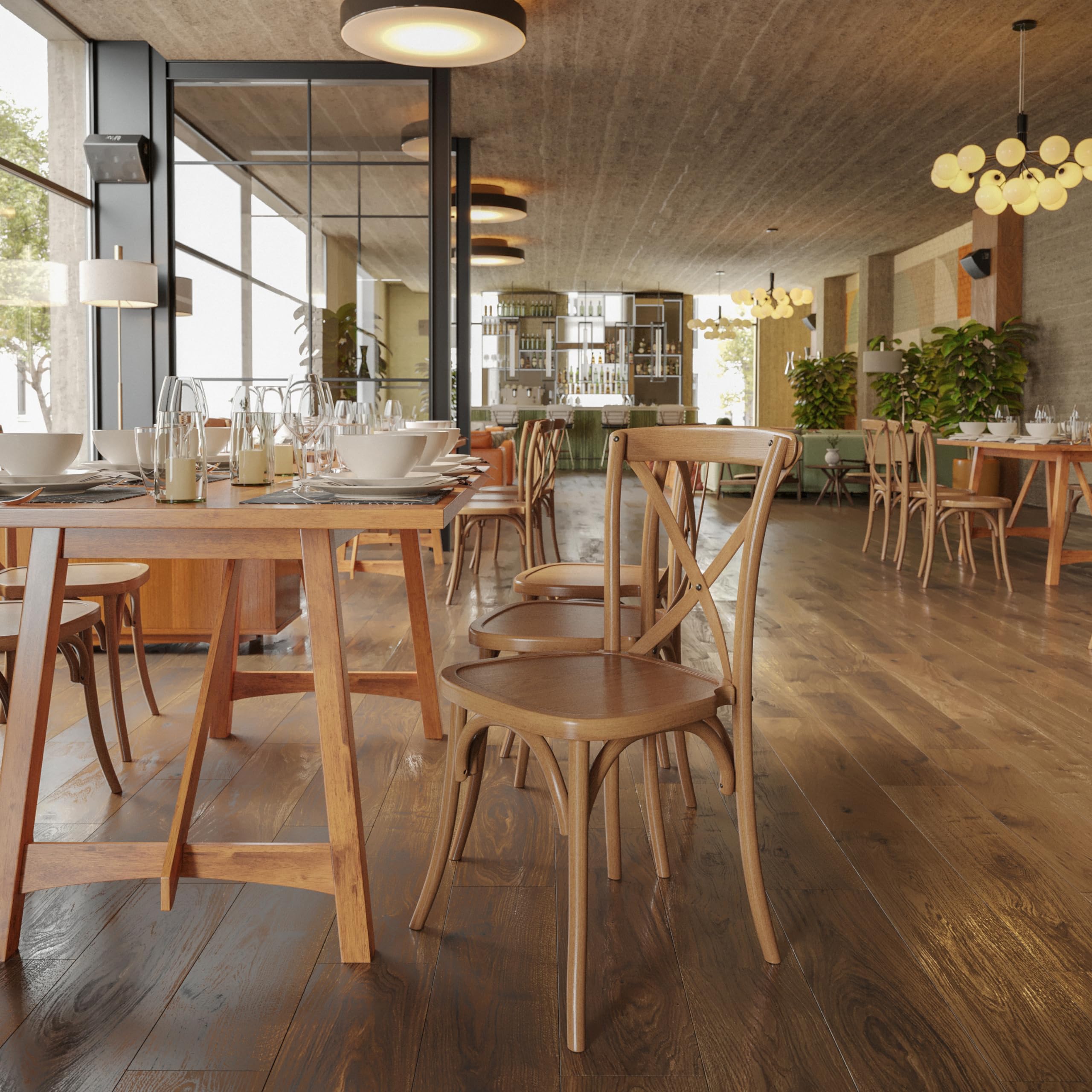 Stackable Pecan Wood Cross Back Chair - Durable & Comfortable Dining Chairs for Kitchen, Restaurant, and Outdoor Patio Use
