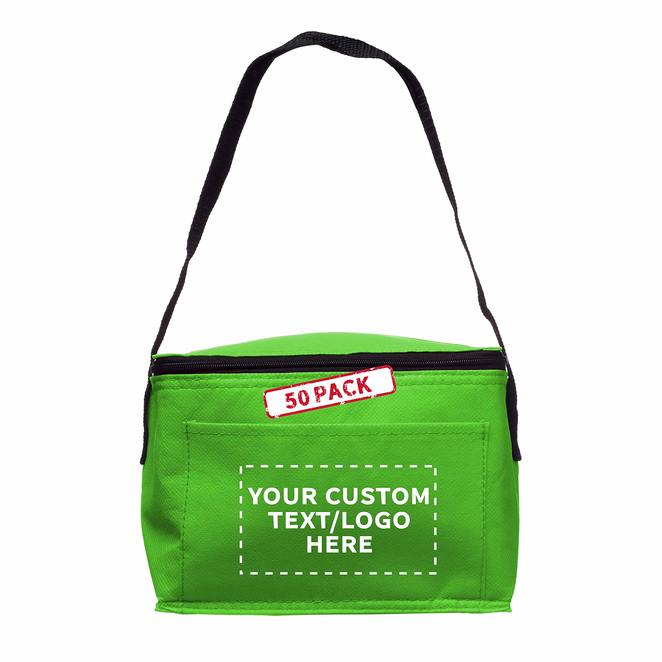 50 Pack Insulated Lunch Bags with Zipper Top - Custom Text & Logo Printing - Non-Woven Fabric, Vibrant Colors & Black Strap - Perfect for Office, School, Picnics & Meal Prep - Lime Green