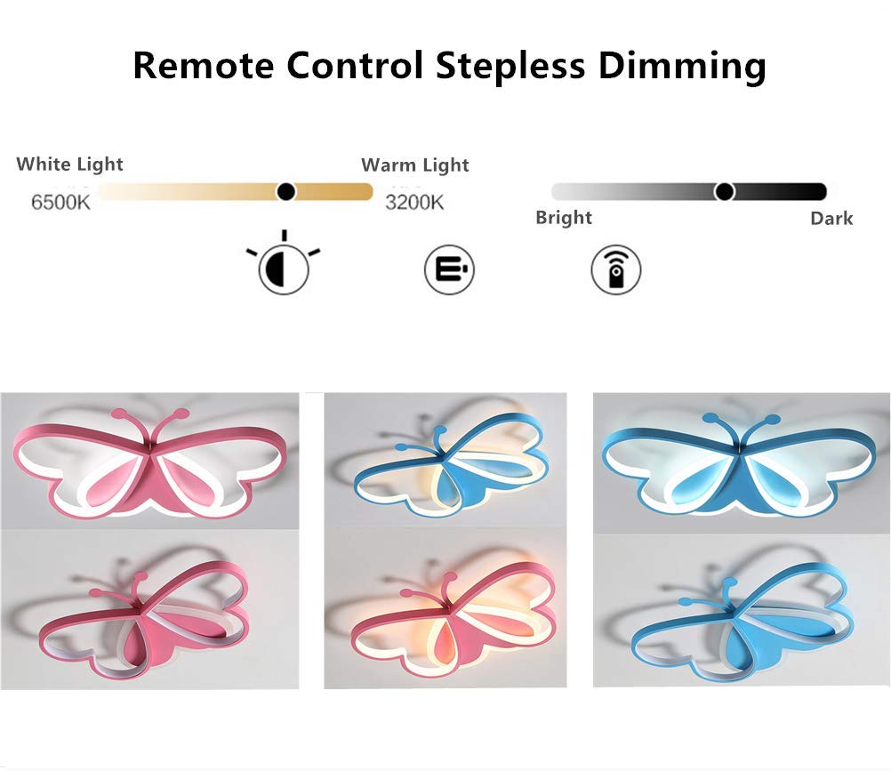 LAKIQ Lovely Butterfly Dimmable LED Flush Mount Ceiling Light - Modern Remote Control LED Ceiling Lamp for Kids Room, Bedroom & Living Room (Pink, Stepless Dimming) | Nursery Decor, Girls Room Lighting, Home Interior Design