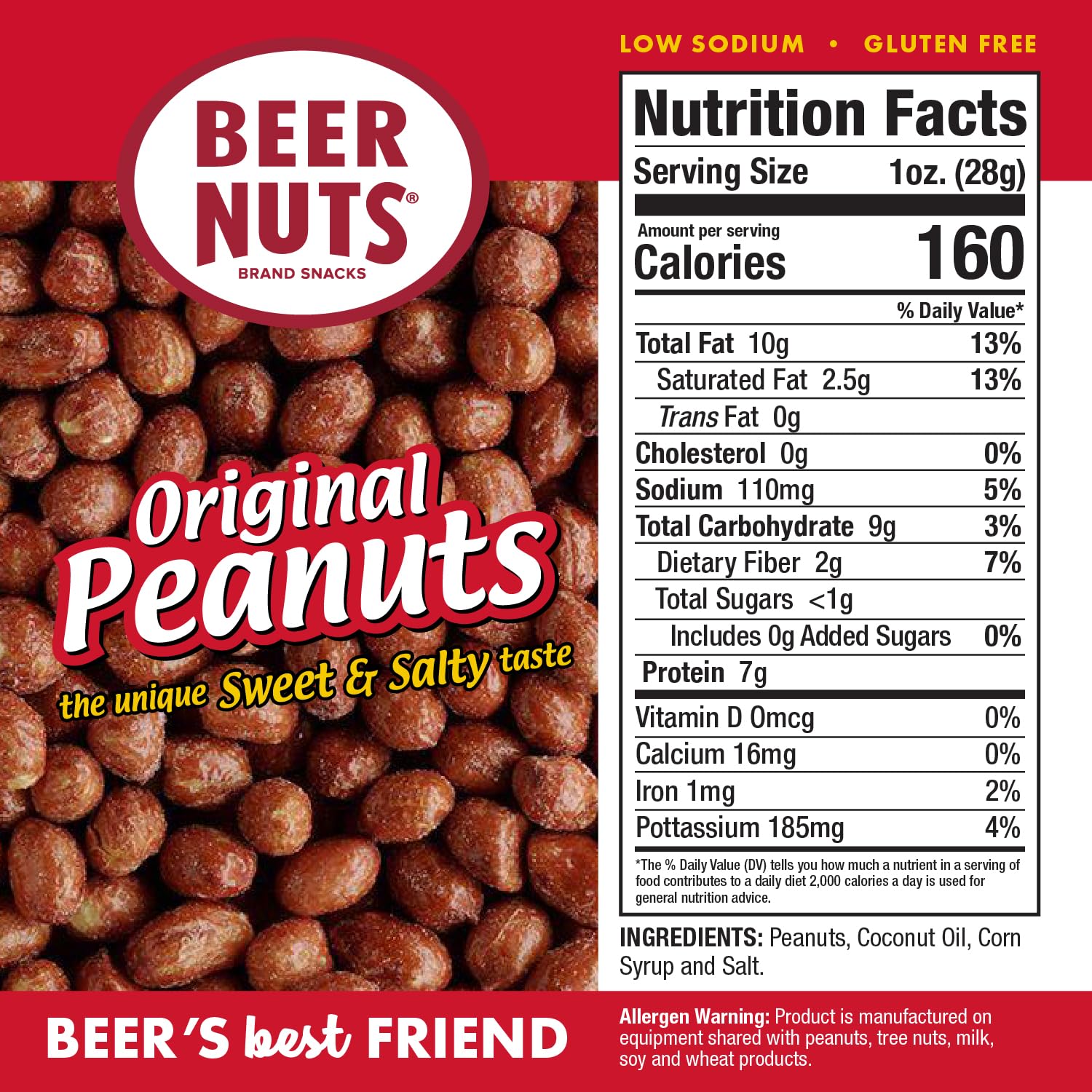 BEER NUTS Original Peanuts - Sweet & Salty Bar Snacks - Gluten Free, Kosher, Low Sodium Peanuts Made in USA - 12oz Resealable Can (Pack of 1) - Perfect for Travel, Parties, and Office Snacking