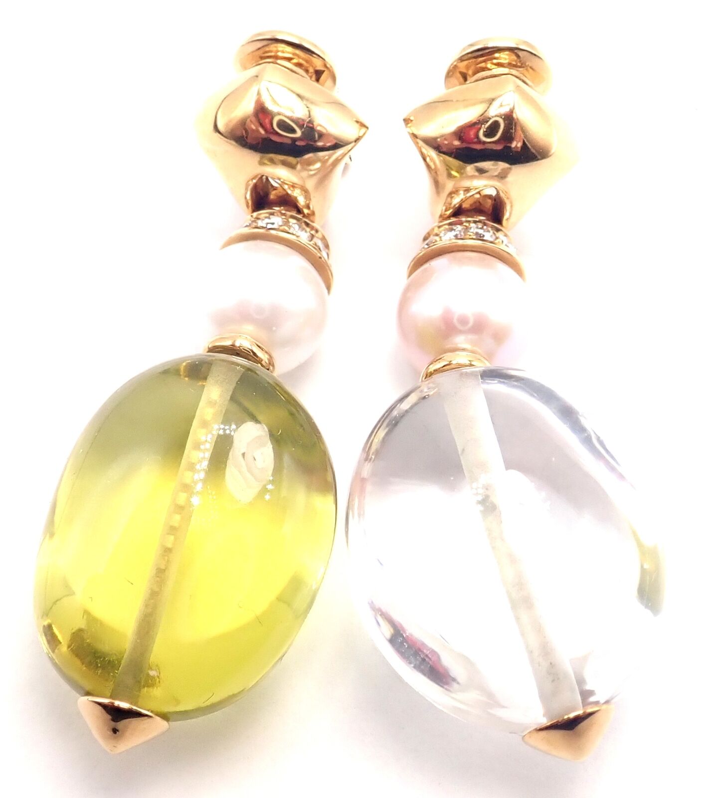 Authentic Bulgari Bvlgari 18k Gold Diamond Pearl Peridot Crystal Drop Earrings for Women - Luxury Statement Jewelry for Parties, Weddings & Special Occasions