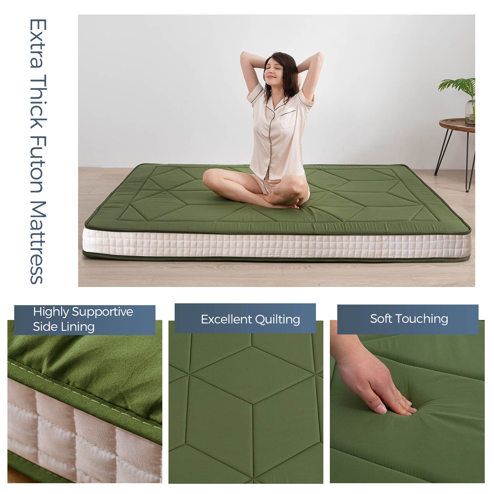 MAXYOYO 6-Inch Extra Thick Floor Futon Mattress - Geometric Diamond Pattern in Green | Foldable Guest Bed, Floor Cushion for Living Room, Dorm & Camping