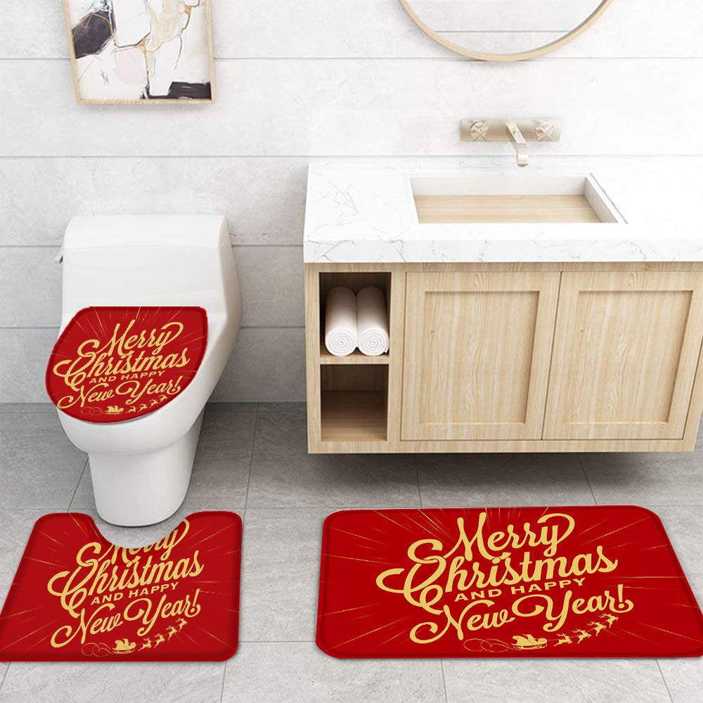 4PCS Non-Slip Bath Mat Set - Christmas Red Pattern for Bathroom Decor & Shower Safety
