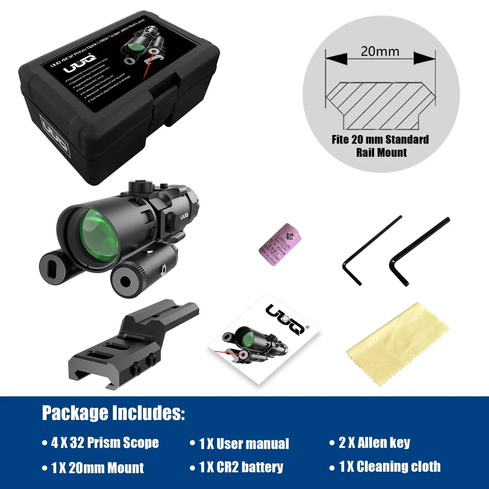 4X32 Prism Optics Rifle Scope with Red Laser - Glass Etched Reticle, 4X Magnification - Fits 20mm Free Mounts - Perfect for Hunting, Shooting & Tactical Use