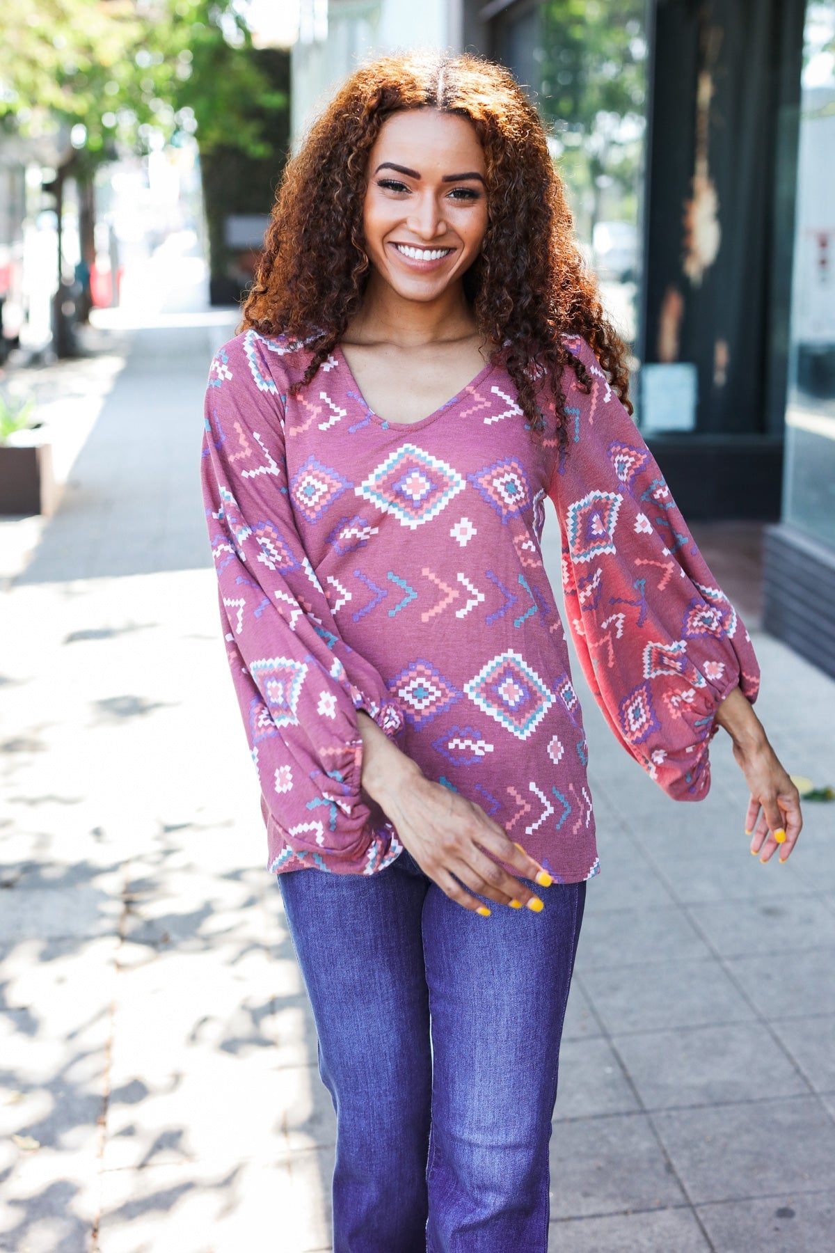 Boho Chic Elastic Long Sleeve Aztec Print V-Neck Pullover Sweater | Women's Casual Knit Top for Fall & Winter | Perfect for Music Festivals, Date Nights & Cozy Layering