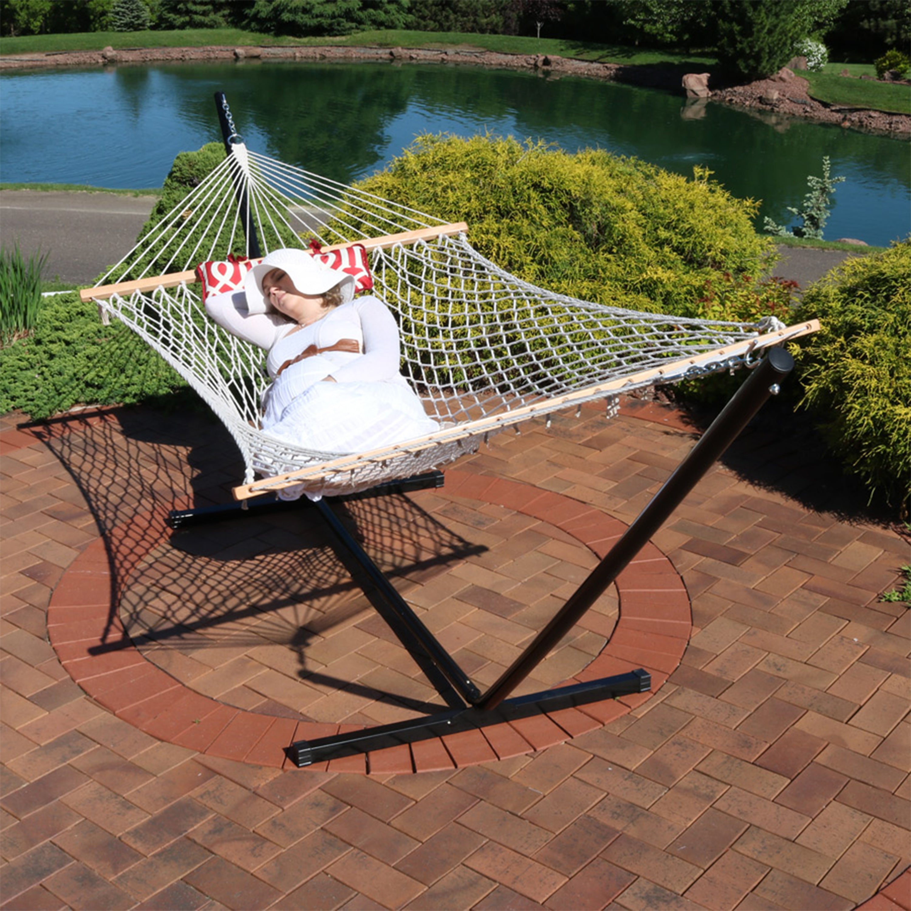 Premium Sunnydaze Rope Hammock with 12-Foot Steel Stand, Comfortable Pad & Pillow - Perfect for Backyard Relaxation, Beach Lounging & Outdoor Camping