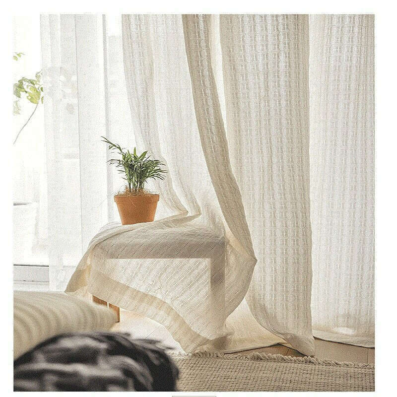 Rémy Linen Jacquard Square Weave Semi-Sheer Curtains - Beige | Light Filtering Window Treatment for Living Room & Bedroom