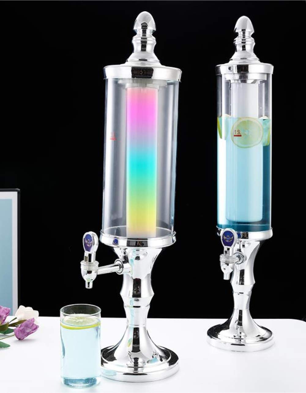 LED Colorful Shining Tabletop Wine Beer Tower Dispenser - 1.5L Stainless Steel Beverage Server for Juice, Cocktails & Drinks | Perfect for Home Bars, Parties, Restaurants, KTV & BBQ Gatherings