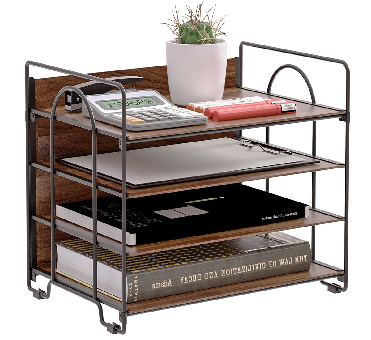 LUCYCAZ 4-Tier Wood and Metal Paper Organizer for Desk - Black File Tray for Office, Home & School Use - Perfect for Bills, Documents, Notebooks and Mail Organization
