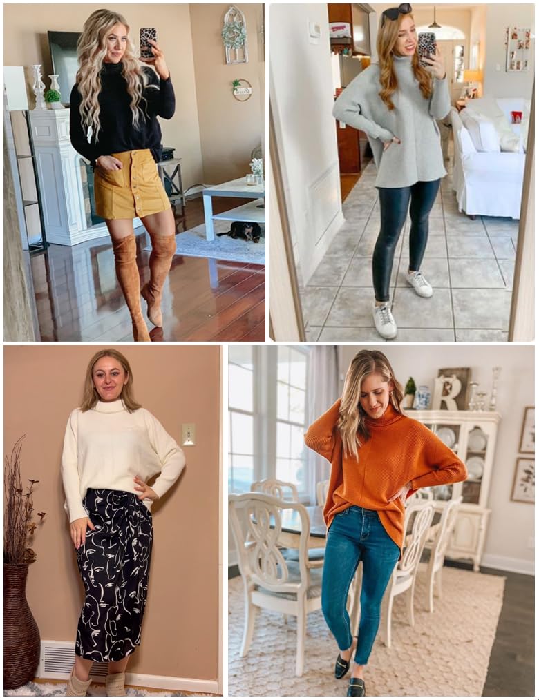Poetsky Women's Oversized Long Sleeve Turtleneck Sweater - Loose Knit Asymmetrical Hem Pullover Tunic Top for Fall Winter Fashion | Casual Outfit, Office Wear & Layering Essential