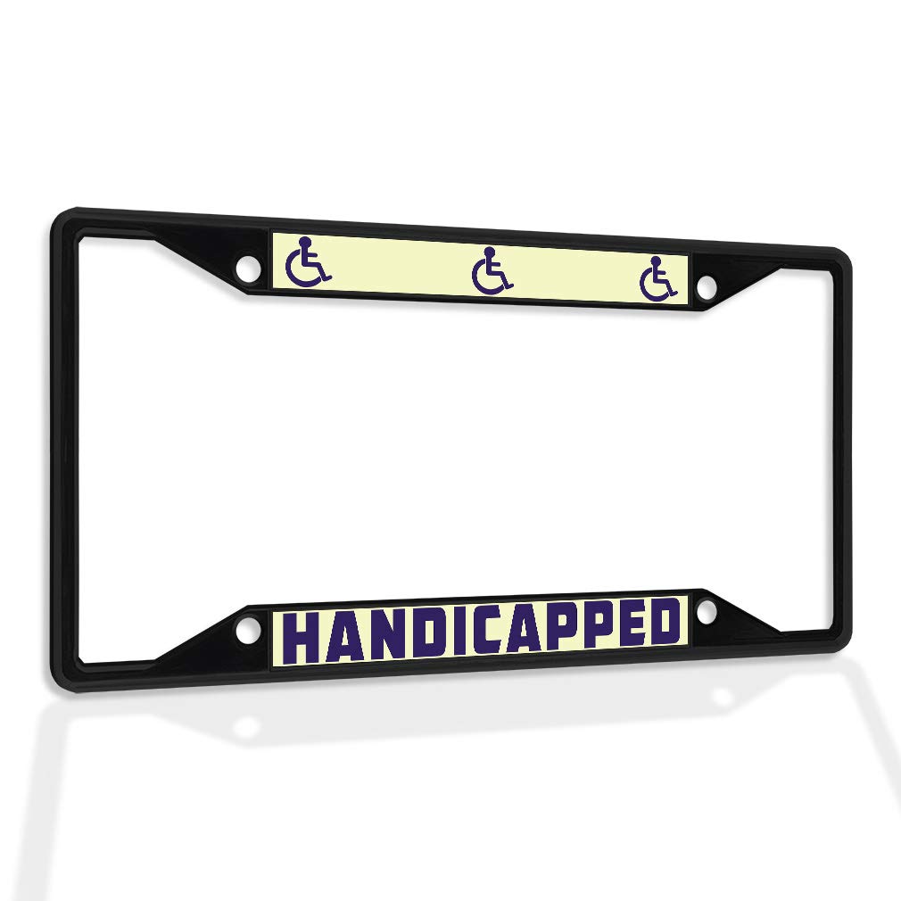Sturdy Metal Insert License Plate Frame with Handicapped Sign - Weatherproof & Durable Car Accessory (Black, 4 Holes) - Perfect for Disabled Parking & Vehicle Identification