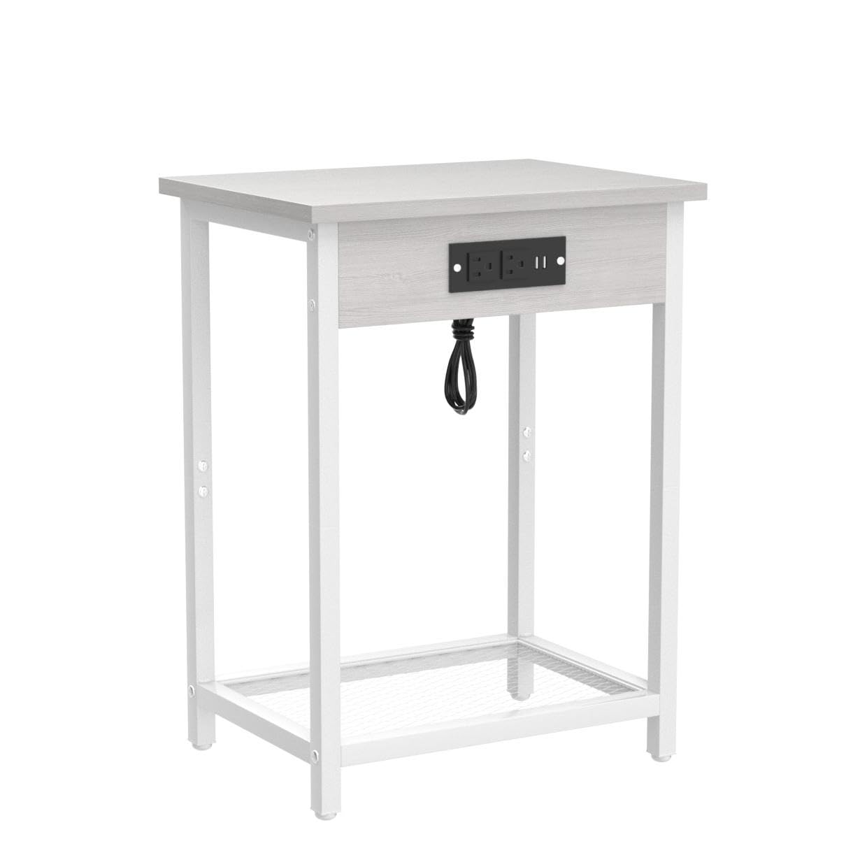 2-Tier Nightstand Set of 2 with USB Charging Station - Narrow End Tables with Storage Shelf for Bedroom & Living Room - Light Maple White - Perfect for Small Spaces & Device Charging