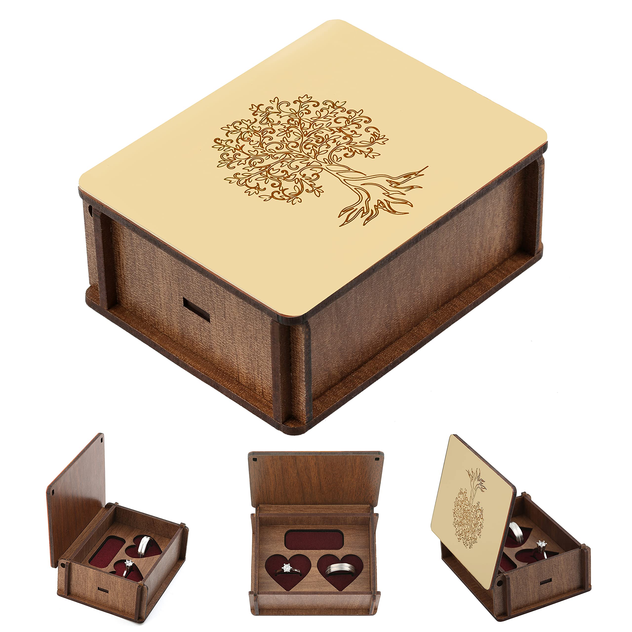 LUCCE Rustic Wooden Ring Bearer Box with Golden Mirror Effect & Tree of Life Design - Wedding Ceremony Jewelry Box for 2 Rings, Elegant Wood Storage Gift Box - Perfect for Rustic Weddings, Vow Renewals & Proposal Moments
