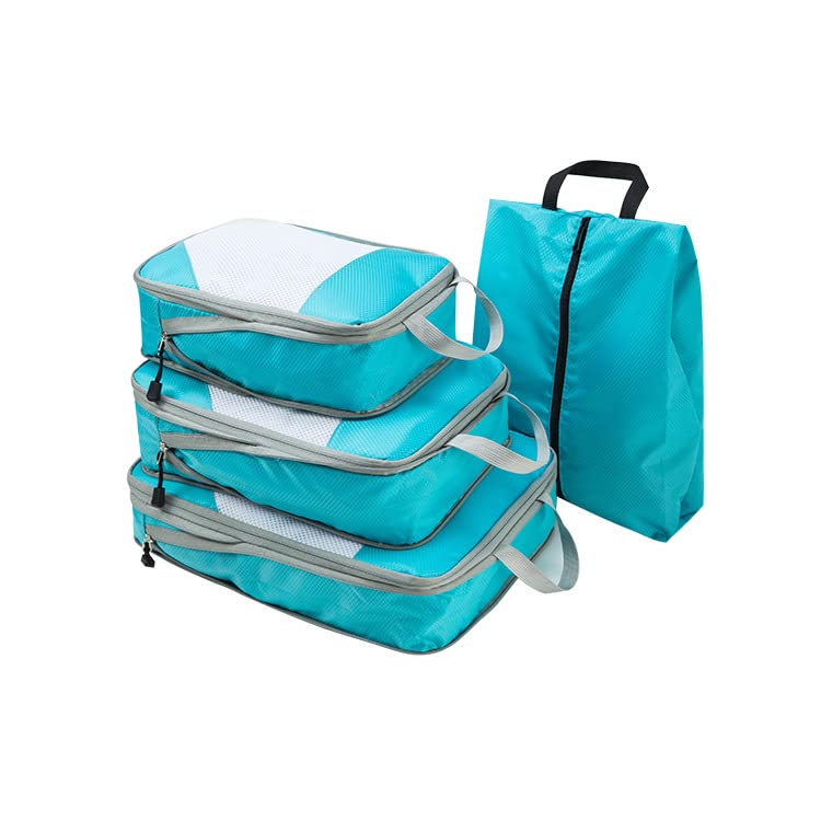 4-Piece Compression Packing Cubes Set - Travel Storage Organizer for Luggage & Suitcases | Expandable Mesh Bags for Clothes, Underwear & Shoes (Blue) | Perfect for Business Trips, Vacations & Weekend Getaways