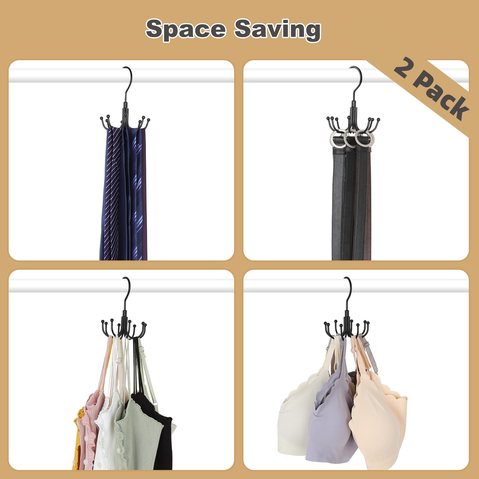 360° Rotatable Belt Organizer & Closet Storage Hook - 2-Pack with 8 Hooks for Belts, Ties, Scarves, Purses & More | Space-Saving Accessory Organizer for Closet, Wardrobe & Bedroom (Black)