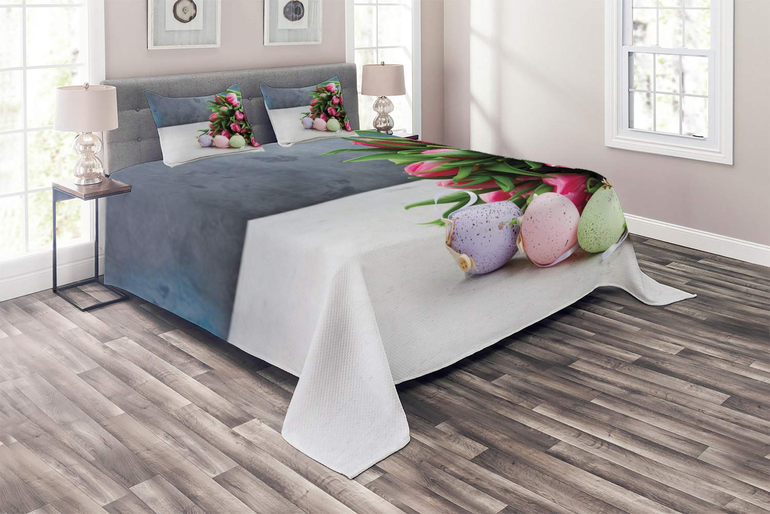 Ambesonne 3-Piece King Size Quilted Bedspread Set with 2 Pillow Shams - Floral Tulip & Easter Egg Design, Multicolor Home Decor | Perfect for Spring Bedroom Refresh & Guest Room Makeover