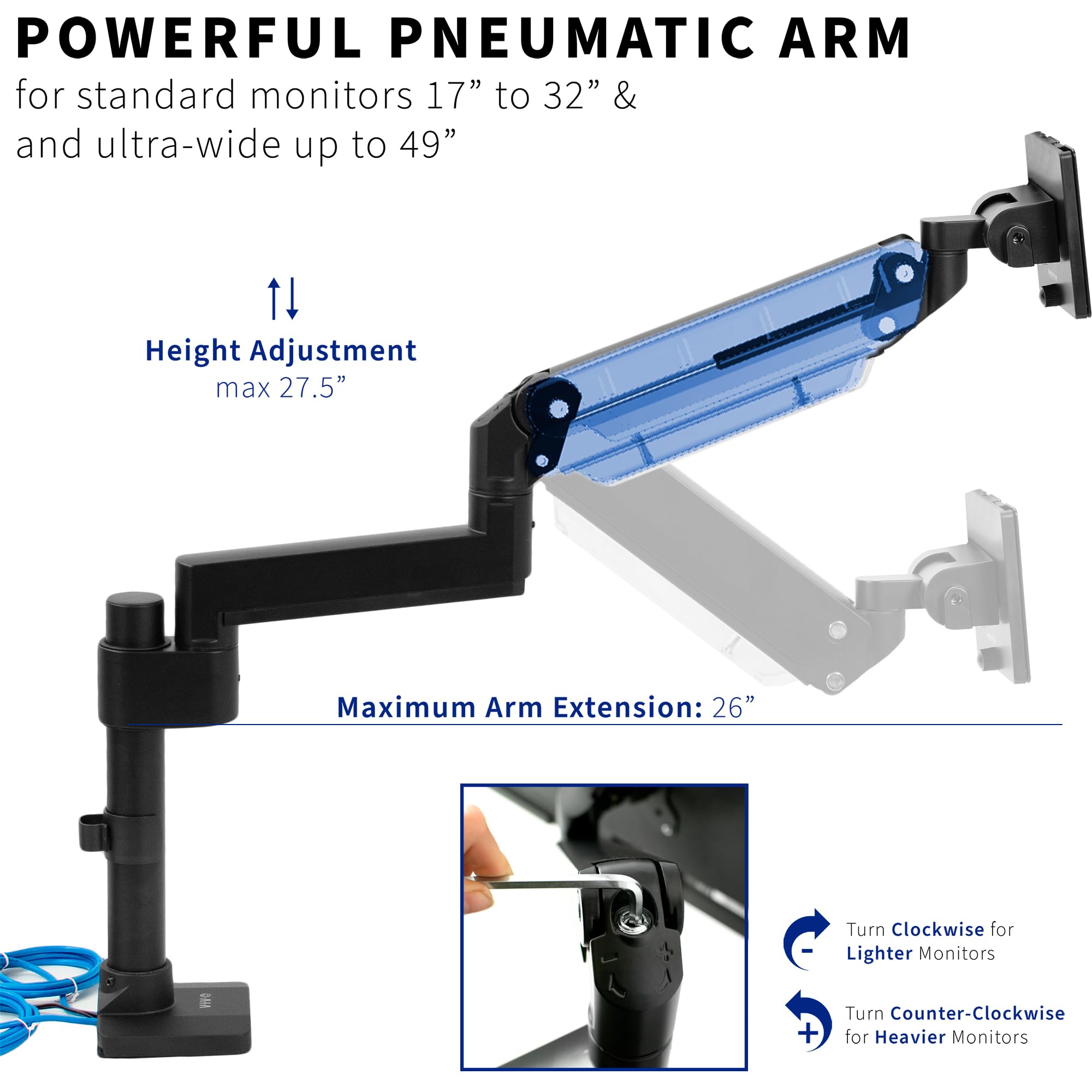 VIVO Premium Aluminum Extended Monitor Arm for Ultrawide Monitors up to 49 inches, 33 lbs Capacity - Single Desk Mount Stand with USB Port, Pneumatic Height Adjustment, Max VESA 100x100 (Black, STAND-V101GTU) - Perfect for Home Office, Gaming Setup, and Workspace Ergonomics