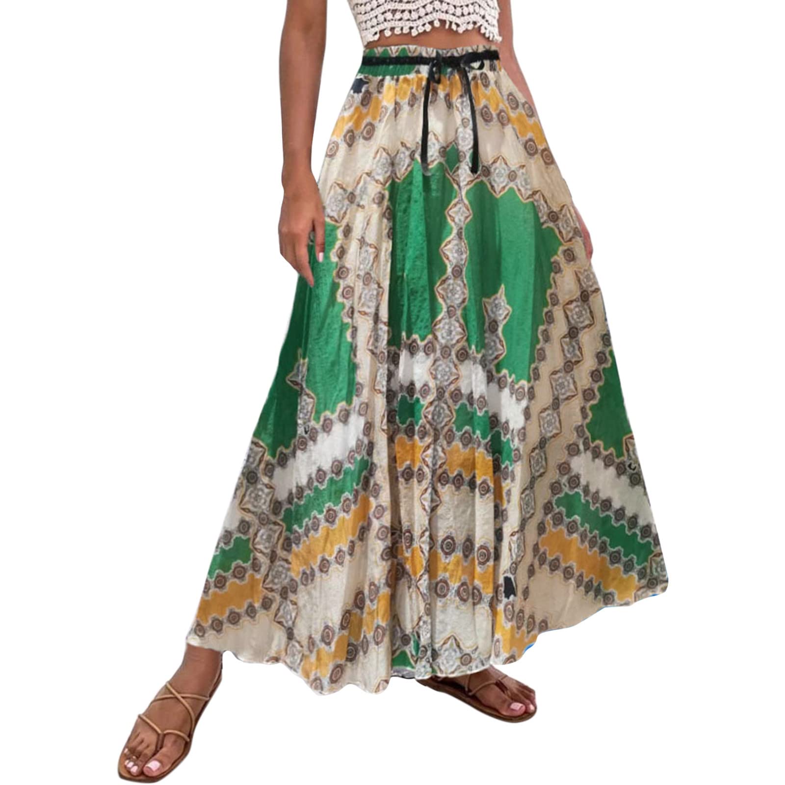 **Black Elastic High Waist Boho Maxi Skirt for Women - Summer A-Line Long Skirt with Drawstring & Double Fabric - Perfect for Beach, Vacation & Casual Wear**