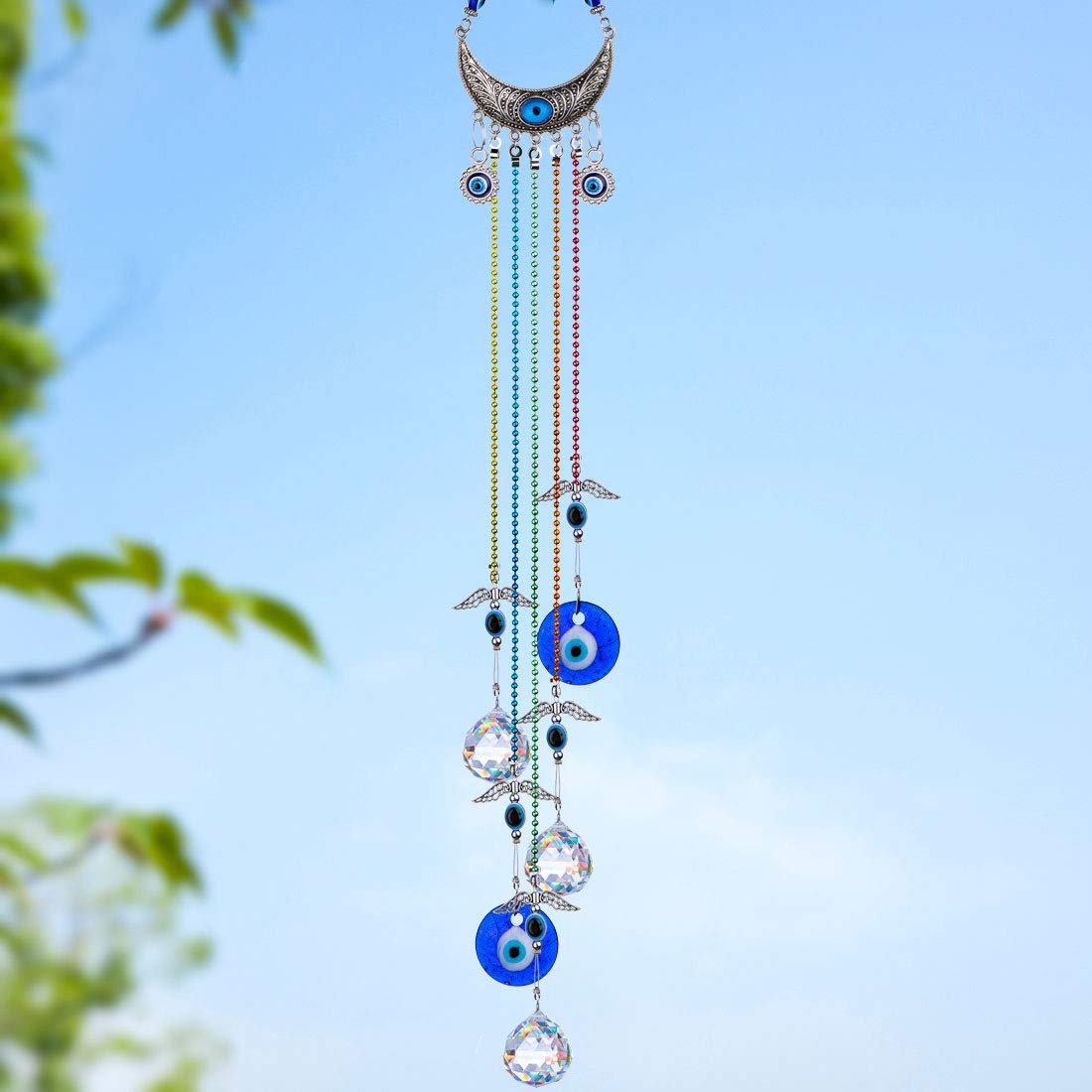 20 Inch Blue Evil Eye Hanging Crystal Suncatcher with Chakra Energy Crystal Ball Prism - Rainbow Maker Window Decor for Home Protection & Positive Energy | Perfect for Living Room, Bedroom, Office & Meditation Spaces
