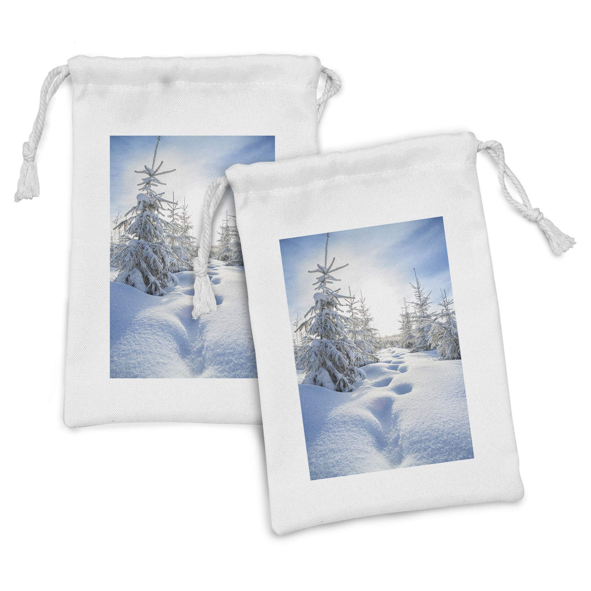 Ambesonne Evergreen Fabric Pouch Set of 2 - Winter Forest Snow Landscape Drawstring Bags (9