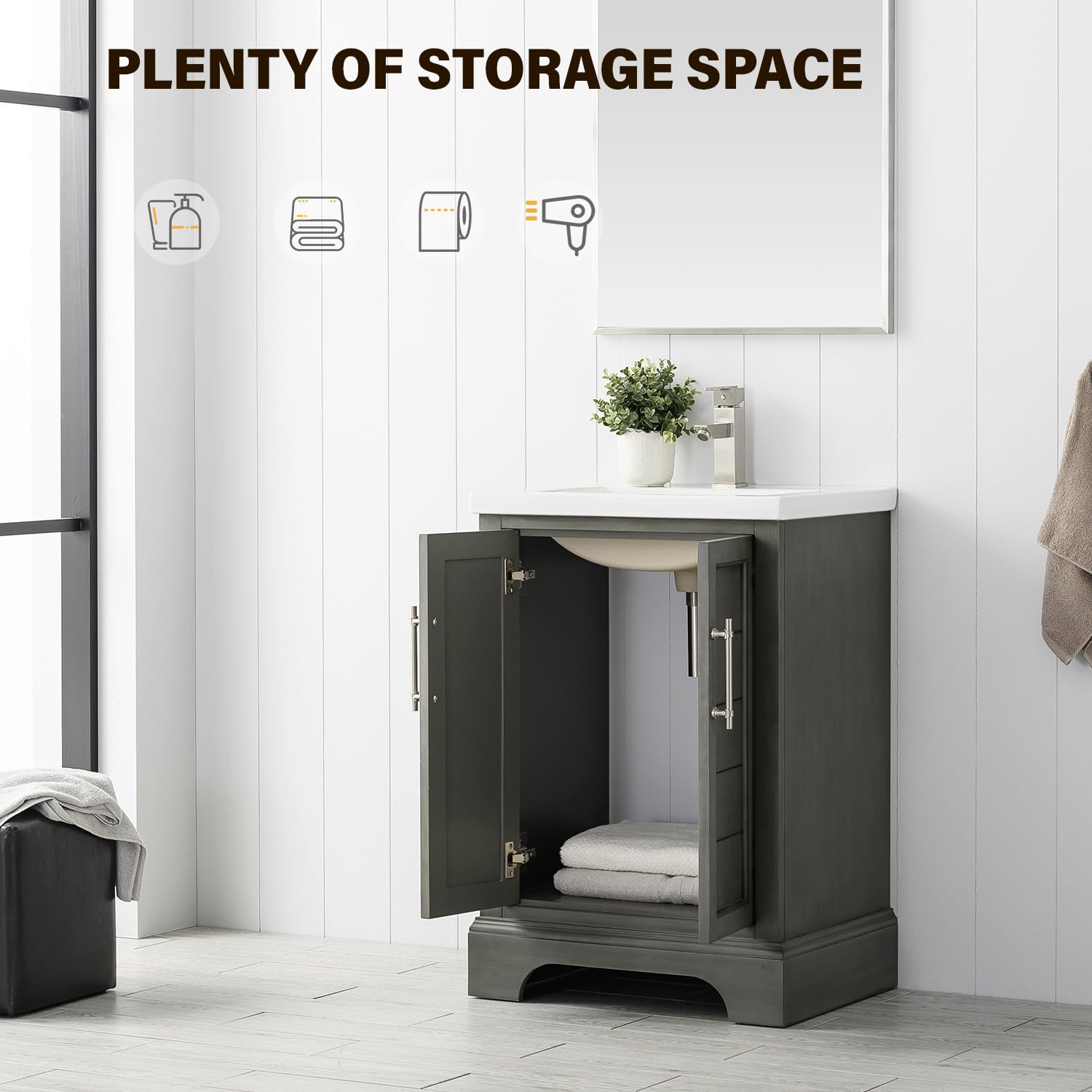 Vanity Art 24 Inch Single Sink Bathroom Vanity Set in Silver Grey - Modern Ceramic Undermount Sink with Soft Closing Doors | Space-Saving Cabinet for Small Bathrooms, Powder Rooms & Guest Baths (VA5024-SG)