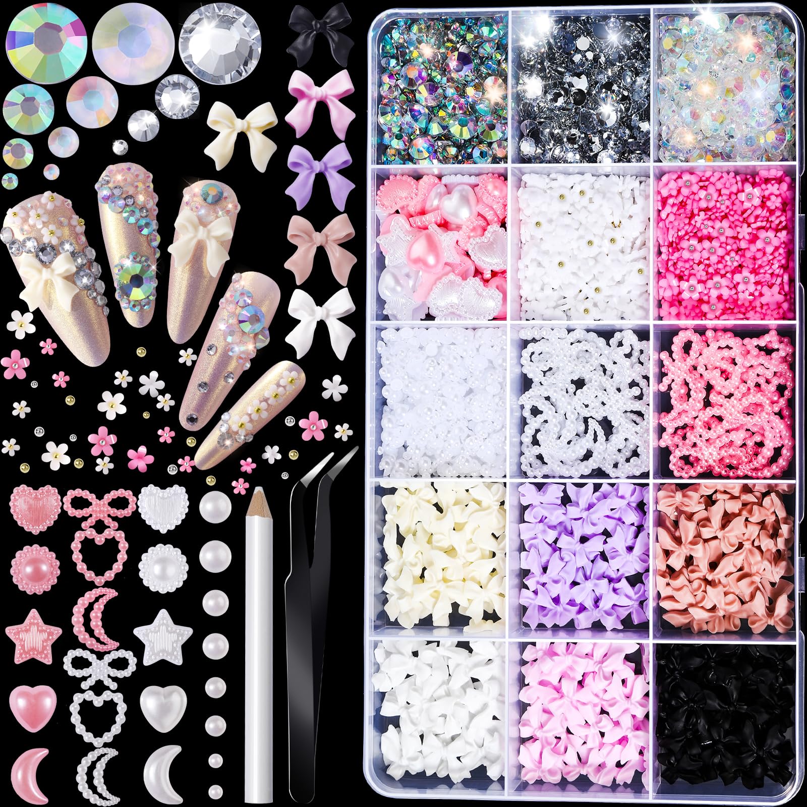 FANDAMEI Nail Art Kit with Charms, Gems, Rhinestones, Bows & Pearls - DIY Nail Design Set for Professional & Home Manicures - Perfect for Parties, Weddings, and Special Occasions
