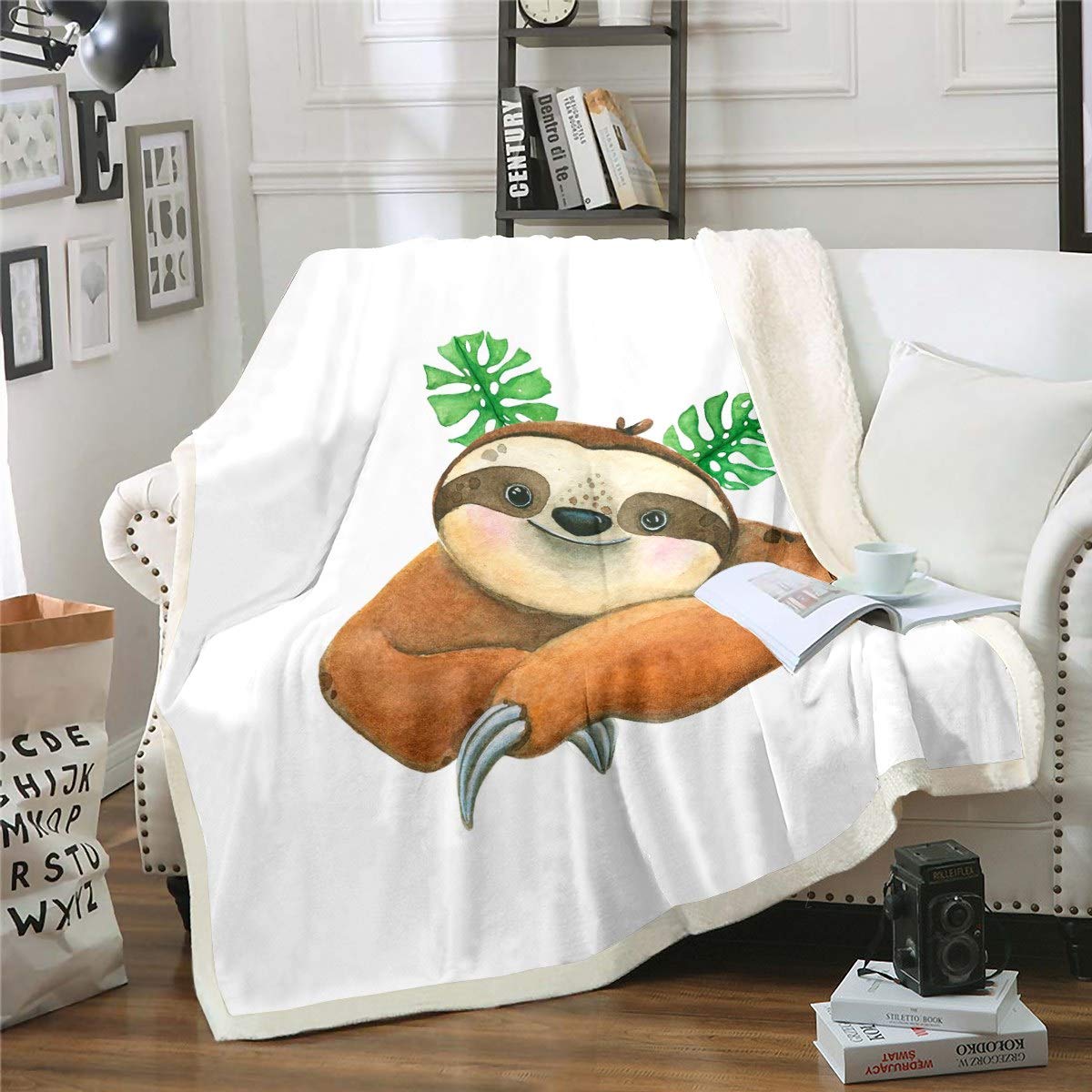Soft Sherpa Sloth Fleece Throw Blanket 30x40 Inch - Cute Cartoon Animal Pattern Plush Blanket for Kids, Boys & Girls - Tropical Leaves Design Cozy Blanket for Sofa, Bed, Couch & Nursery - Perfect for Snuggling, Gift Giving & Winter Warmth