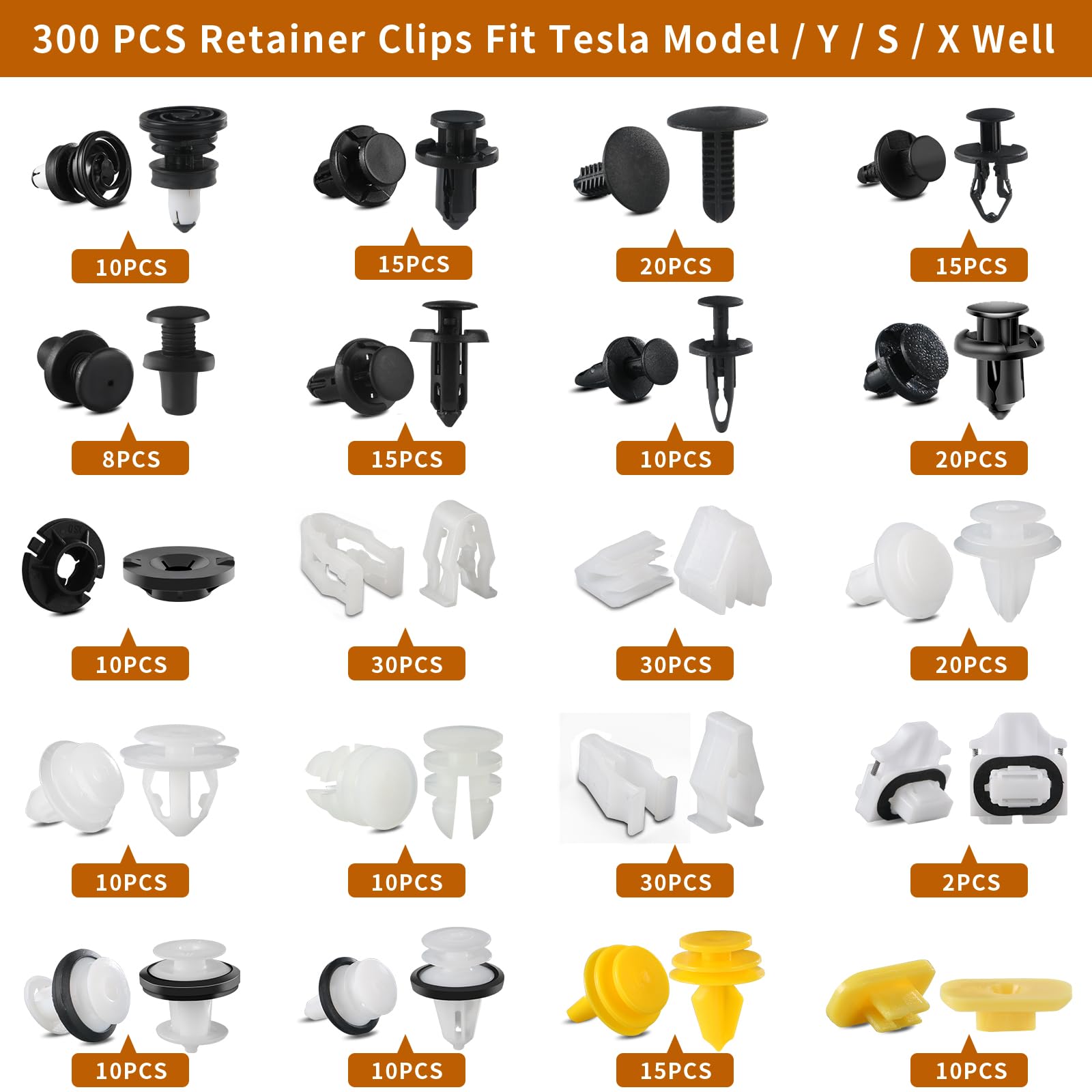 300PCS Tesla Fastener Clips Kit - 20 Sizes Push Retainer Rivets for Tesla Bumper & Fender Liner Repair - Includes Fastener Remover Tool (300 Clips + 5 Removers) - Perfect for DIY Tesla Maintenance & Body Panel Fixes