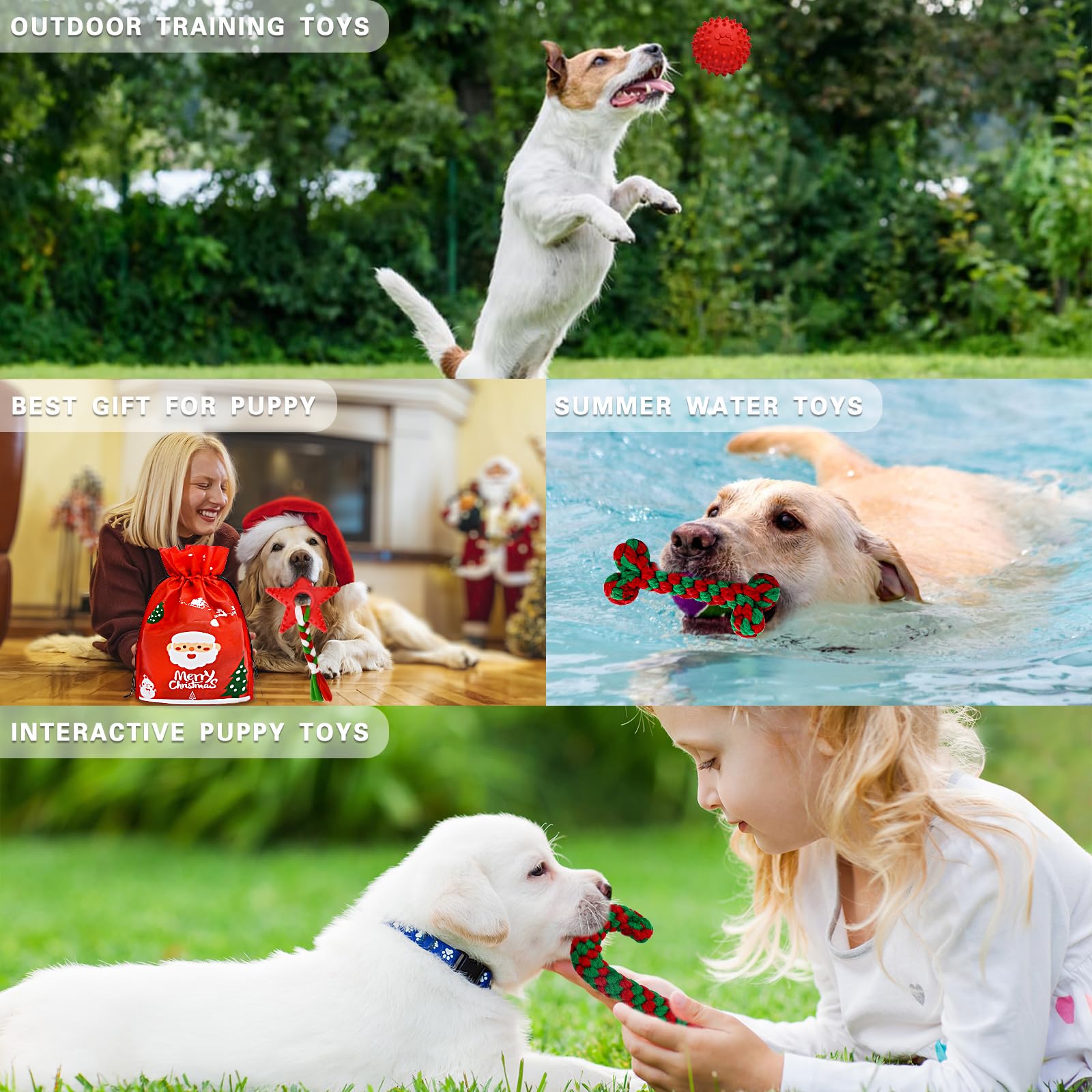 9 Pack Christmas Dog Toys - Rope, Chew, Plush & Squeaky Toys for Teething Puppies & Small Medium Dogs | Stocking Stuffers Gift Set with Bag for Holiday Playtime & Training