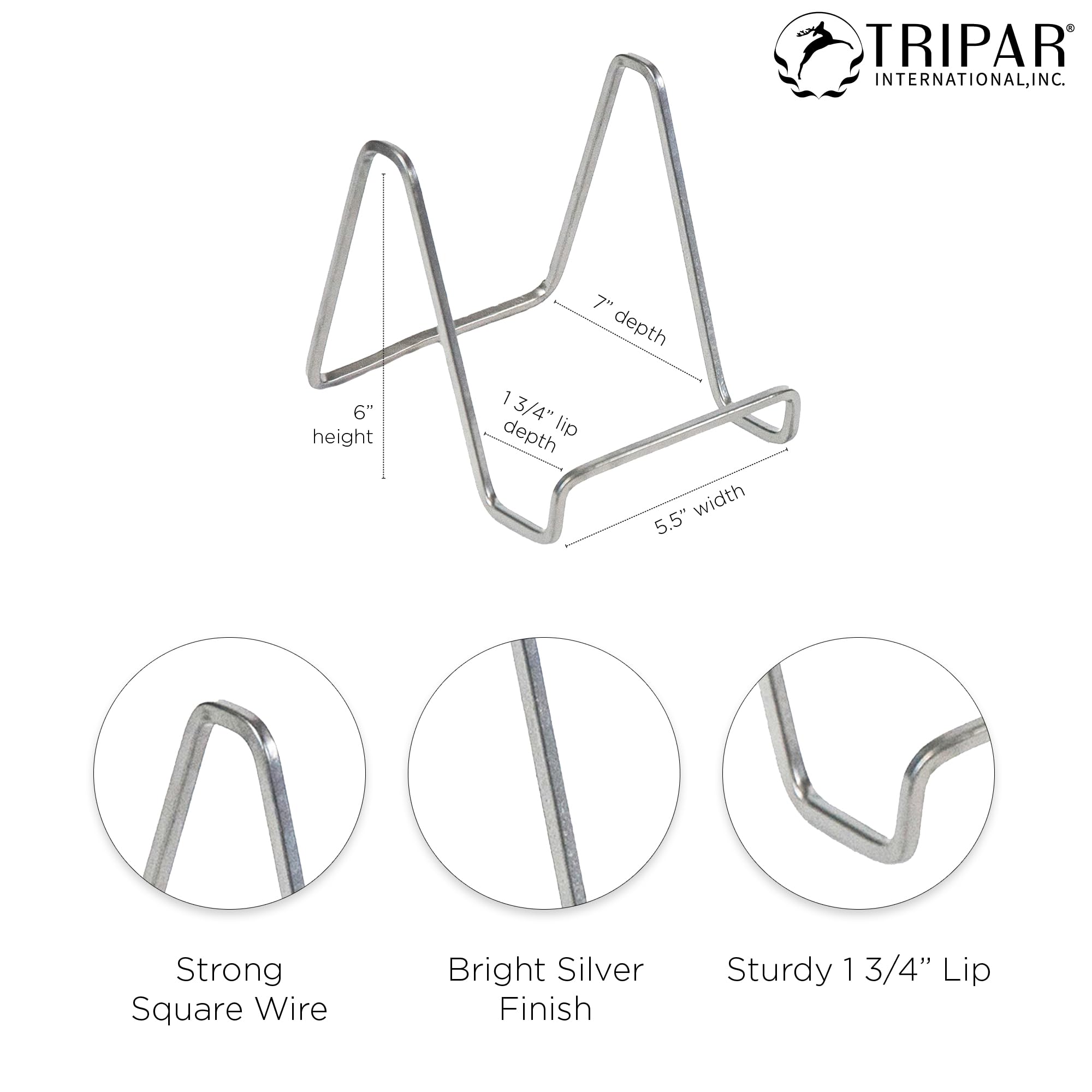 TRIPAR 6 Inch Silver Metal Square Wire Easel Display Stand for Plates, Artwork, Picture Frames - Perfect for Home Decor, Gallery Exhibits, and Retail Displays