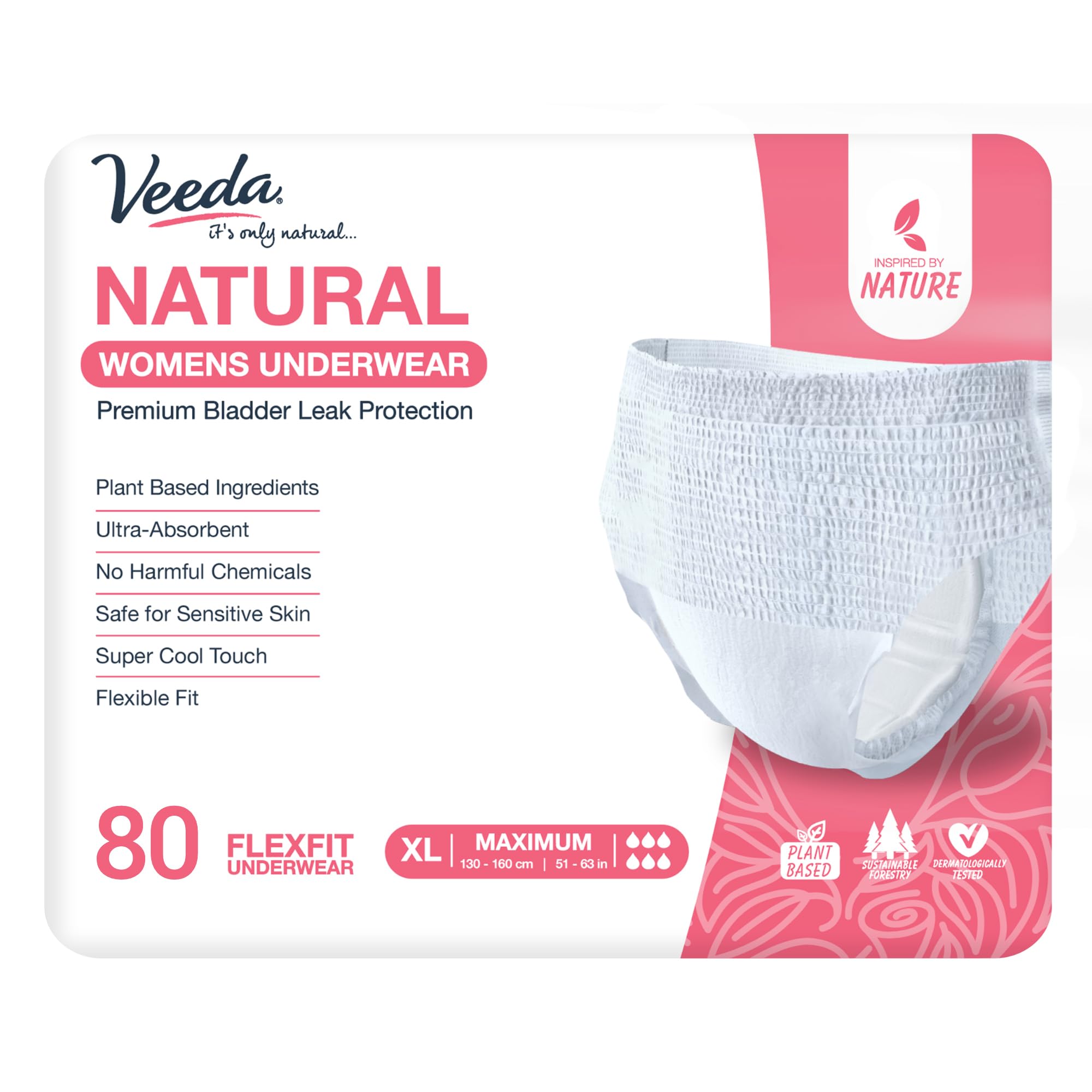 Veeda Natural Adult Incontinence Underwear for Women - Postpartum & Bladder Leakage Protection - Super Absorbent Disposable Underwear - XL Size (80 Count) - Ideal for Overnight Use, Post-Surgery & Active Lifestyles