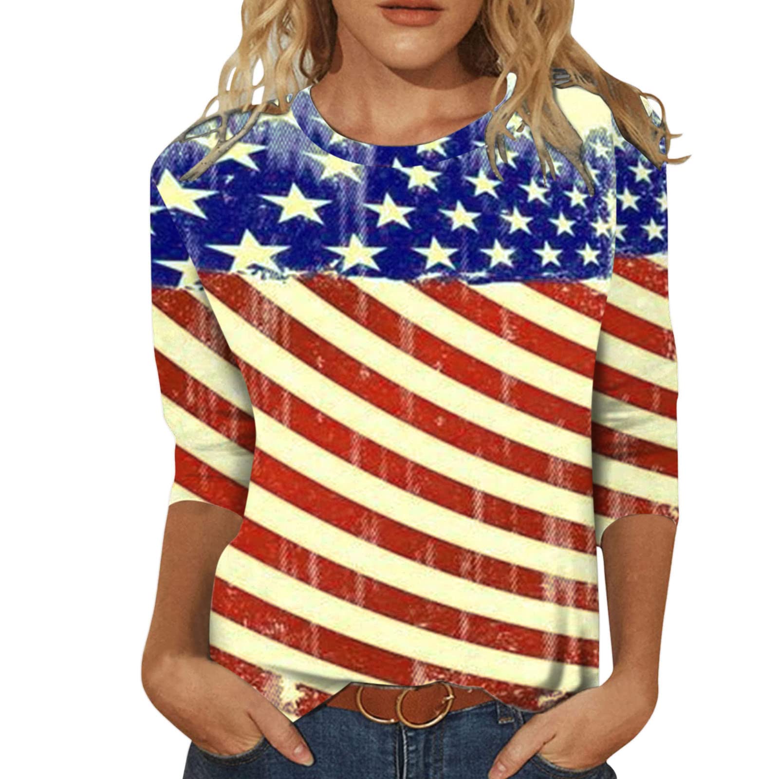 Women's American Flag Printed Independence Day T-Shirt - 3/4 Sleeve Round Neck Raglan Blouse for Spring & Summer - Patriotic Holiday Outfit for 4th of July Celebrations, BBQ Parties & Festive Events