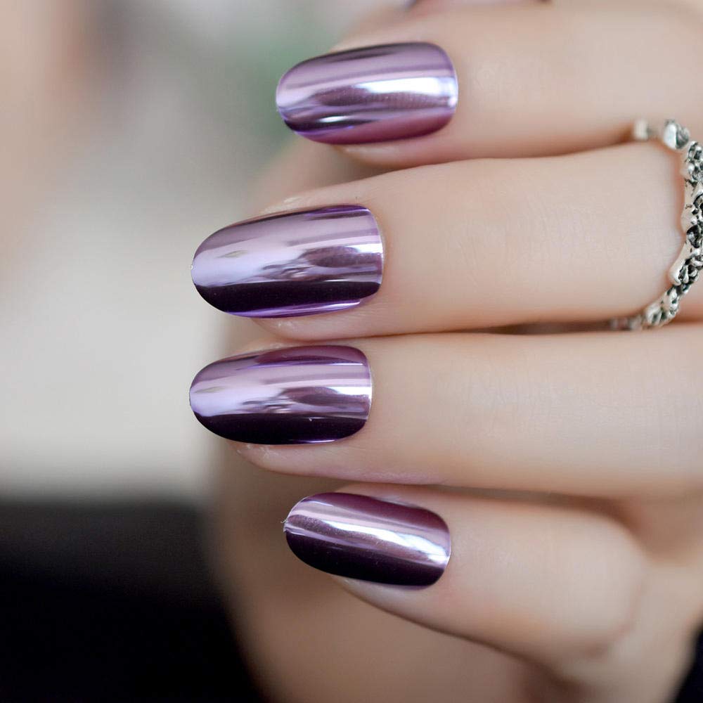 24PCS Light Purple Metallic False Nails with Mirror Finish - Pre-Designed Round Full Cover Fake Nails for Manicure - Perfect for Parties, Weddings & Special Occasions