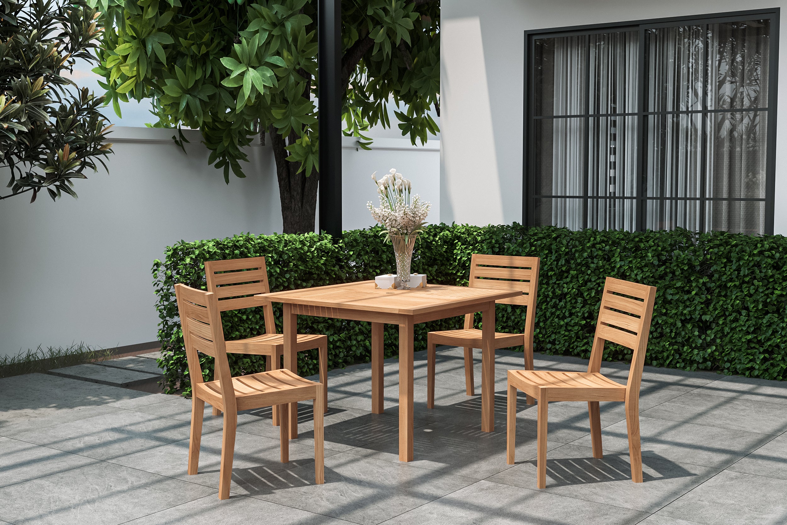 Teak Outdoor Dining Table with Umbrella Hole - Mathieu Square Design for Patio, Garden, and Backyard Entertaining