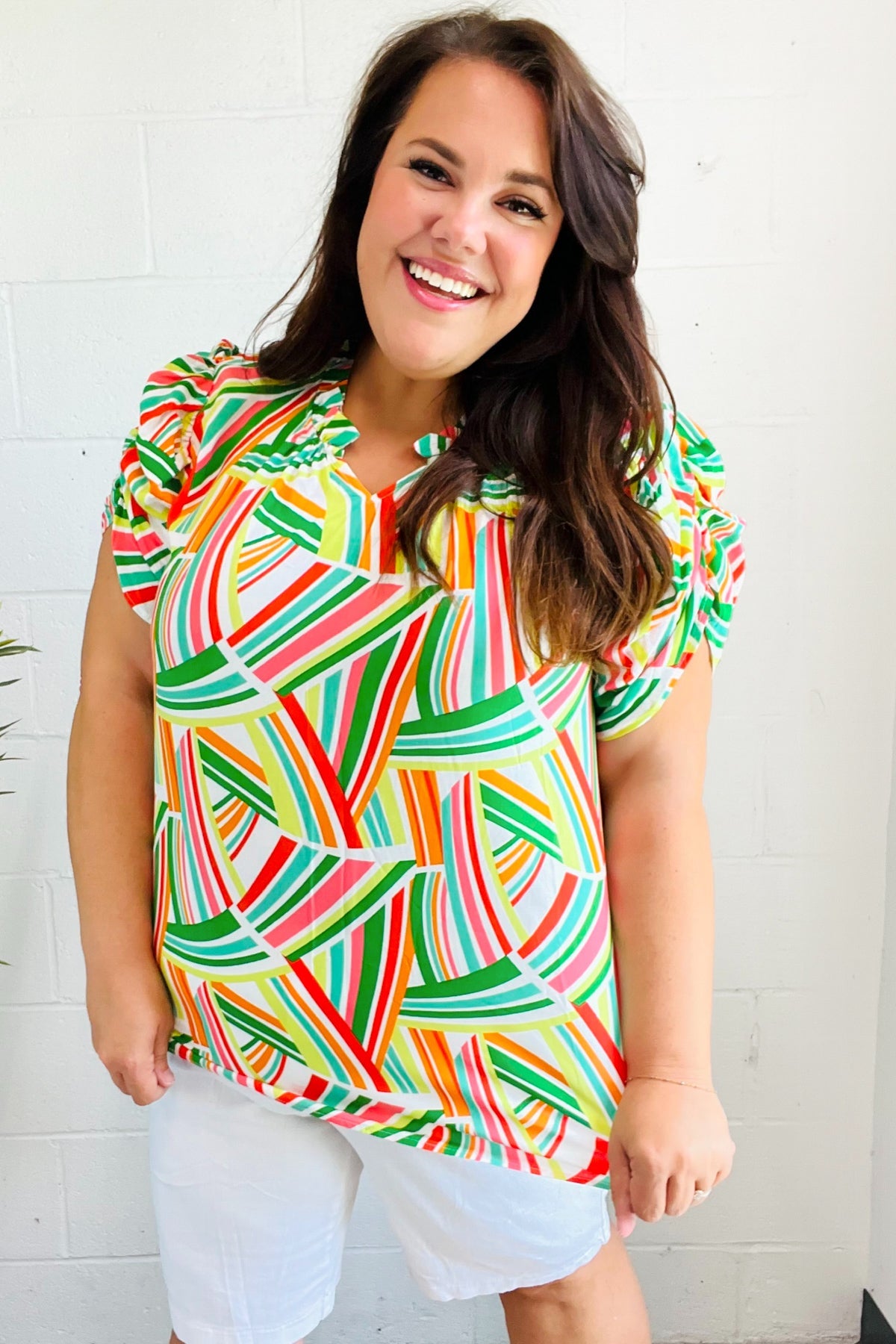 Stylish Green & Orange Geo Print Frill Notch Neck Puff Sleeve Blouse - Trendy Women's Fashion Top for Casual Outings & Date Nights