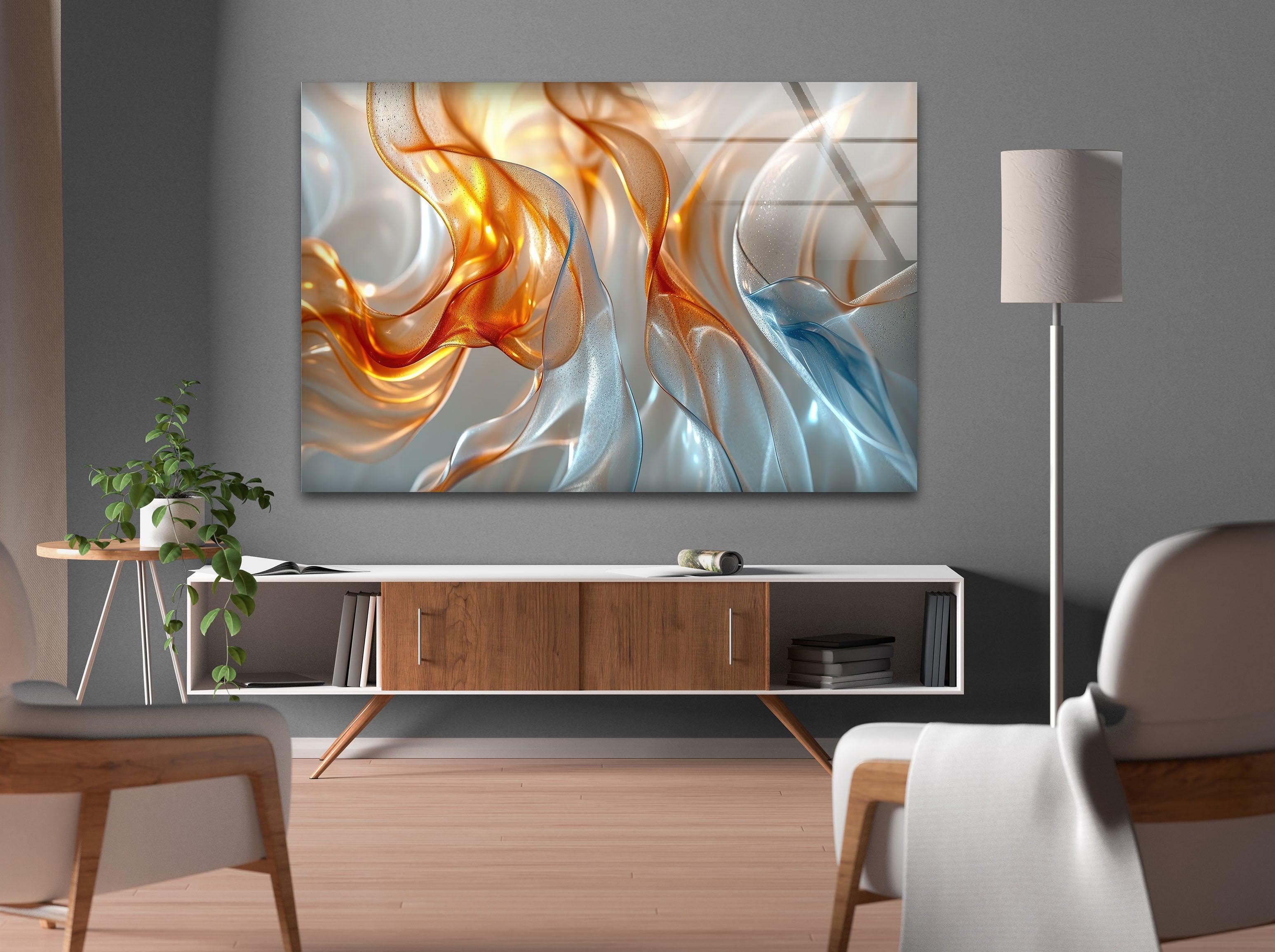 Blue and Orange Abstract Glass Wall Art - Modern Handmade Decor for Living Room, Bedroom & Office - Unique Gift Idea for Home & Interior Design