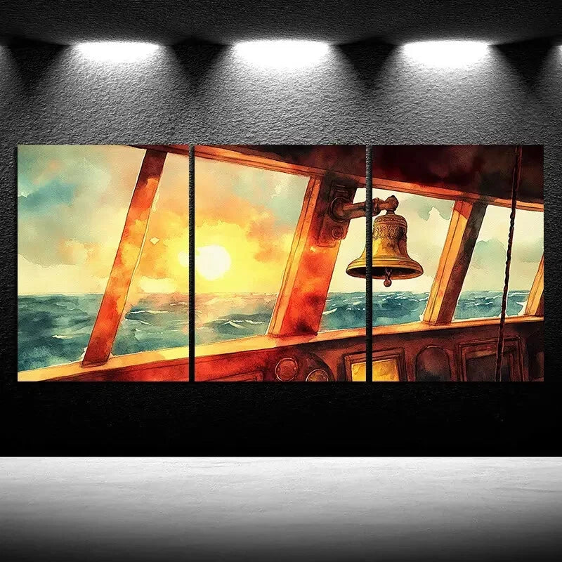 3-Piece Sunrise Metal Wall Art Print - Nautical Ship Corner Decor - Ready to Hang for Living Room, Bedroom or Office