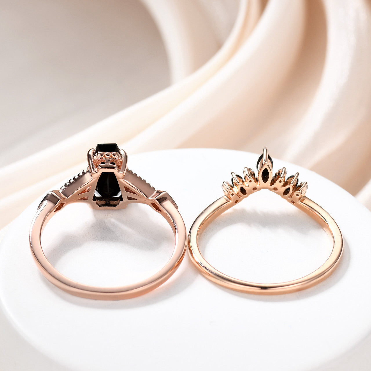 14K Gold Coffin Black Onyx Engagement Ring Set with Milgrain Diamond Accents - Vintage Style Wedding Band for Women, Perfect for Proposals, Anniversaries & Bridal Jewelry Gifts
